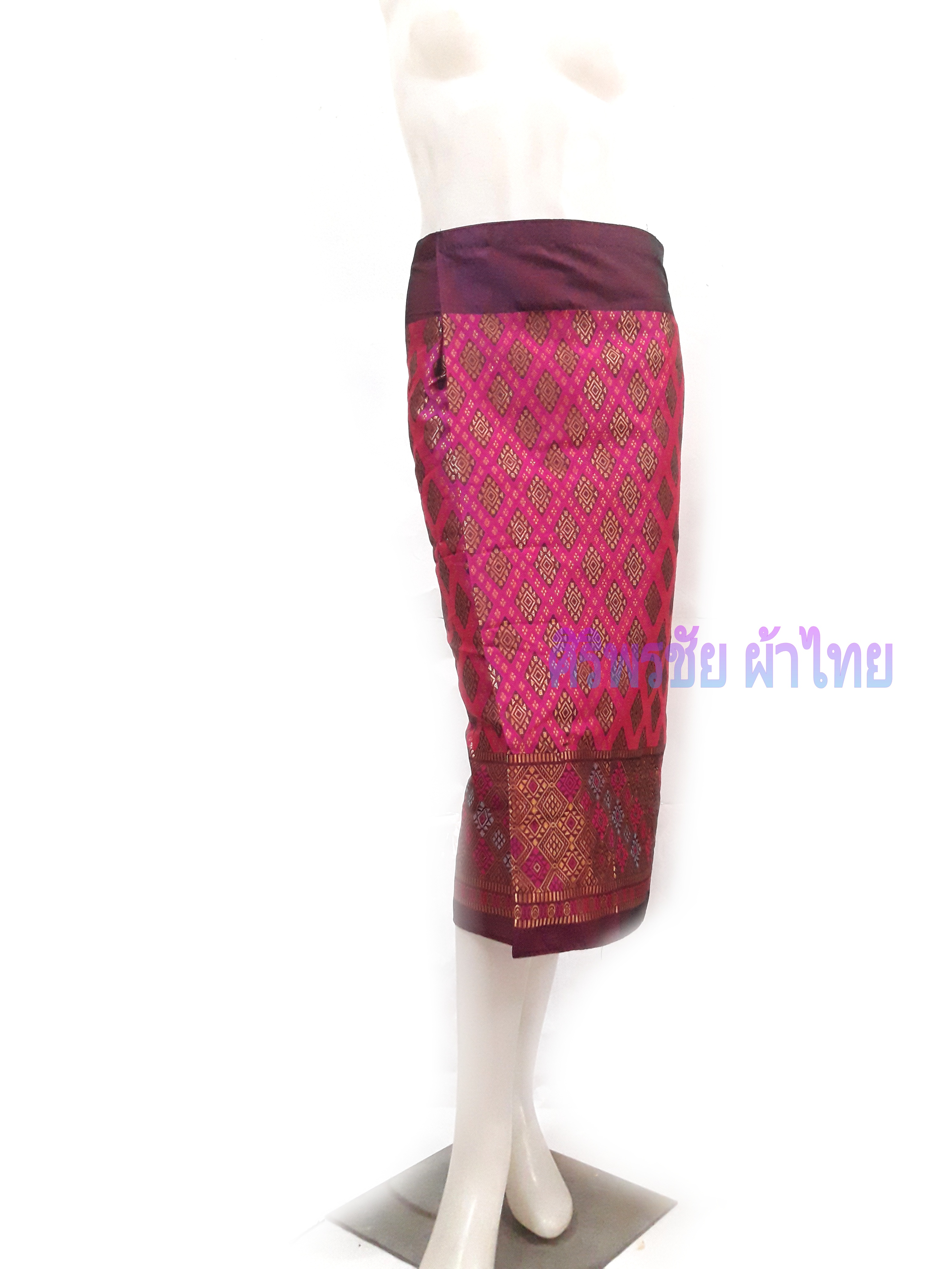 ผ้าถุงสำเร็จ ผ้าซิ่นสำเร็จรูปผ้าซิ่นลาว แบบป้ายเลื่อนตะขอสีชมพูเมทอลลิค