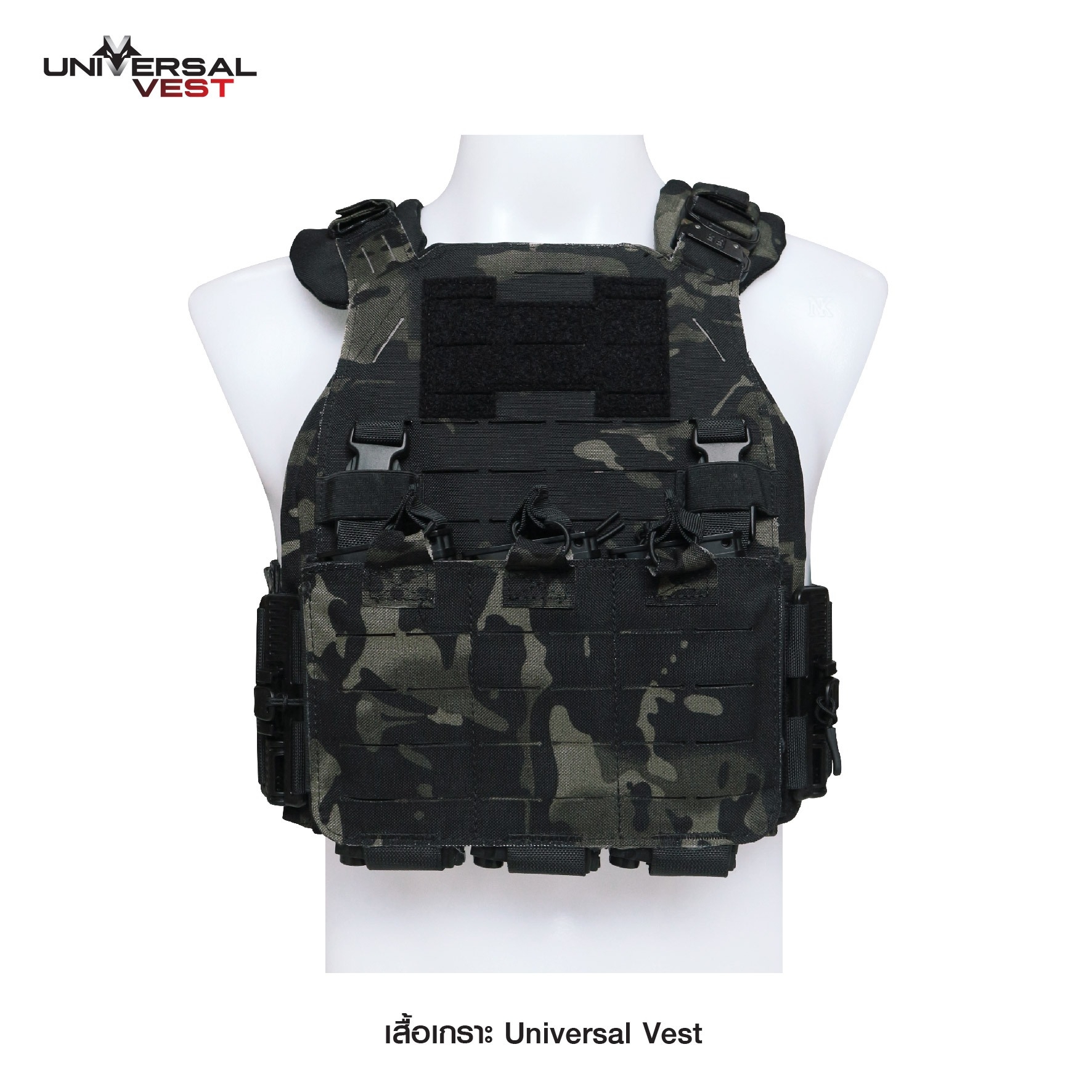 เสื้อเกราะ Universal Vest ♣ ผลิตจากผ้า Nylon 1000D เกรดคุณภาพ ♣ ติดตั้งชุดปลดไว 3 จุด ใช้งานสะดวก ♣ สายโอบข้างยางยืด มีช่องใส่แม็ก 5.56, วิทยุสื่อสาร หรืออุปกรณ์อื่นๆ ได้ รวม 6 ช่อง ♣ มาพร้อมกับซองแม็กกาซีน 3 ช่อง ♣ สามา