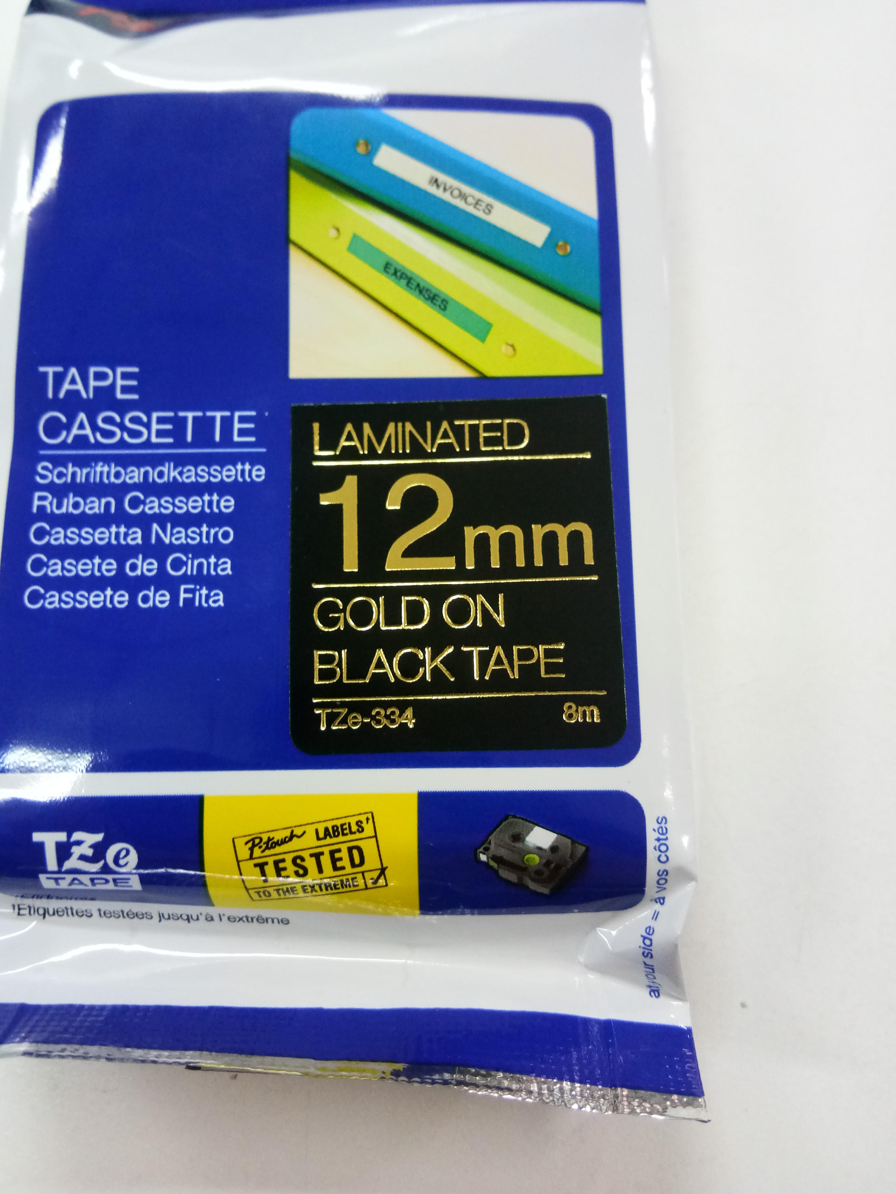 เทปพิมพ์อักษร TZE-334 12 มม. BROTHER ของแท้ อักษรสีทอง พื้นดำ