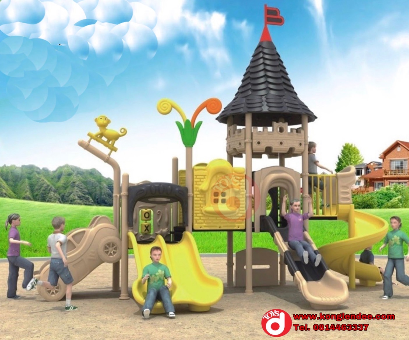 เครื่องเล่นสนาม ชุดปราสาทสามสไลด์บันไดรถ
