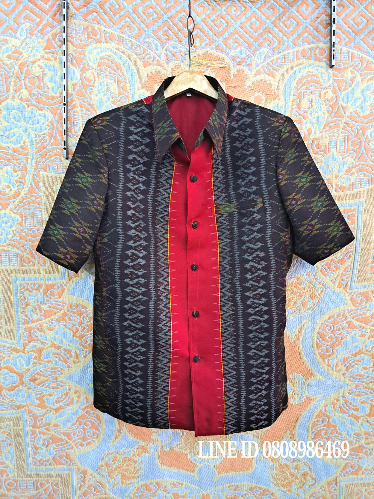 เสื้อสูทชายผ้าฝ้ายมัดหมี่แท้มัดหมี่ตีนแดงทอมือ เสื้อสูทชายฝ้ายแท้ สูทผ้าไทยชาย ซาฟารีผ้าไหมชาย สูทผ้าฝ้ายมัดหมี่ตีนแดง,สูทผ้าไทย ซาฟารีชาย ตามภาพ XL