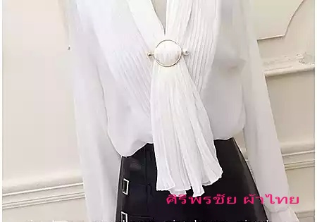 เสื้อทำงานชีฟองเกาหลีอัตพรีทแต่งผ้าพันคอพร้อมห่วงโลหะ เสื้อชีฟองอัดพรีตเกาหลีสวยพร้อมส่ง 3 สี