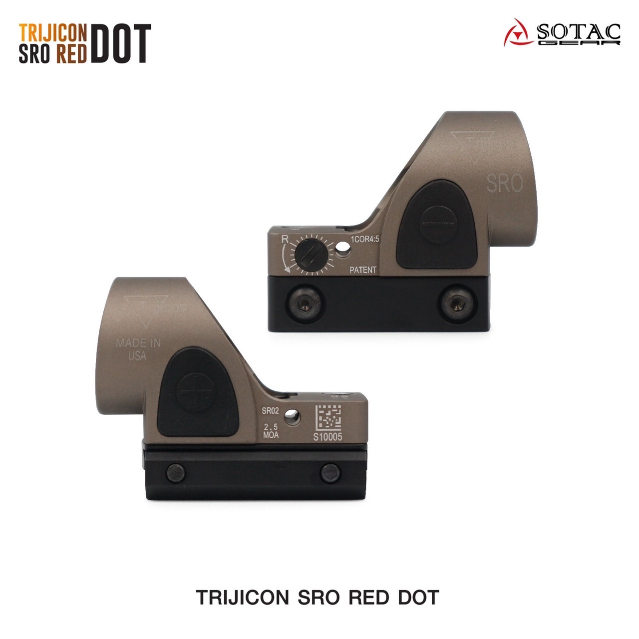 New.Trijicon SRO Red Dot ผลิตจากวัสดุ Aluminum ทำผิว hard anodized ขนาด 2.5 MOA Dot Red dot สีแดง คมชัด รูปร่างขนาดเล็ก Low Profile มาพร้อมขาจับ mount แบบ 20 มม. และ Glock mount ( บีบีกัน ) ปรับระดับความสว่างง่าย +/- ด้านข้าง Battery : 1*CR2032 (แถมมา) แถ