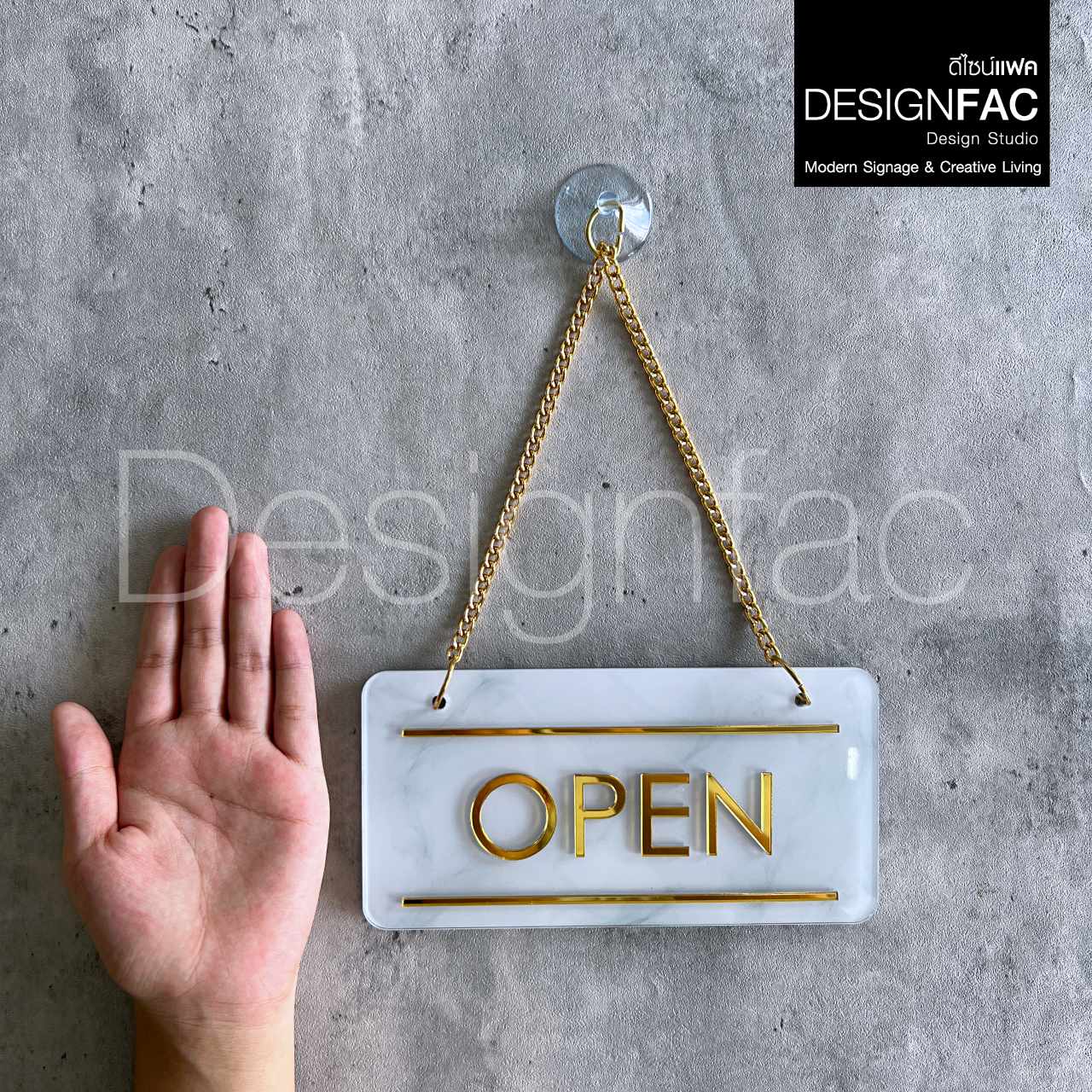 ป้ายเปิดปิดร้าน OPEN CLOSE ป้ายติดหน้าร้านลายหินอ่อนสีขาวตัดทอง สวยหรูหรา สไตล์โมเดิร์น มินิมอล