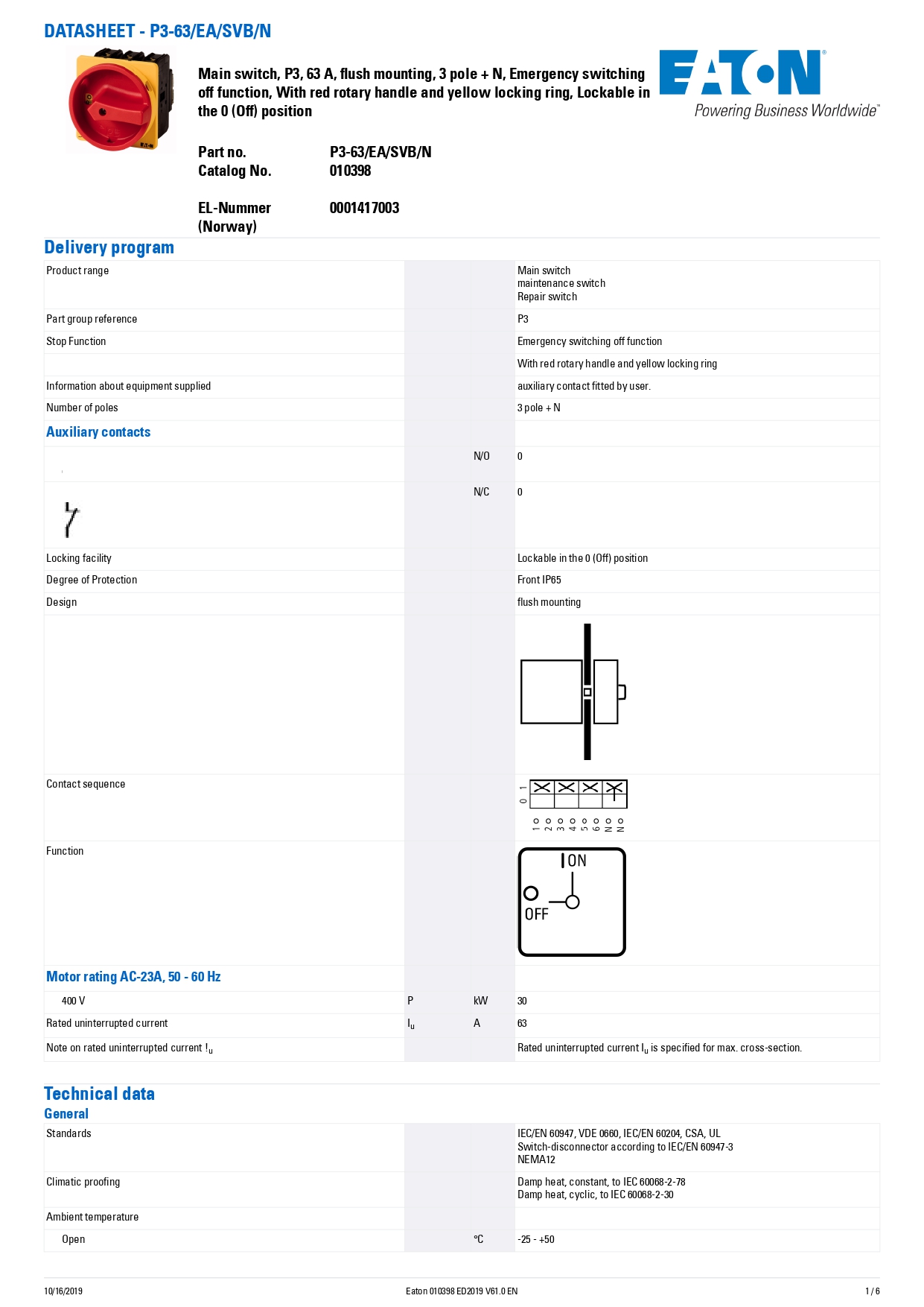 สวิตช์หลัก EATON P3-63/EA/SVB/N 63A 30kW IP65 Main Switch 3P+N Pole Flush Mount Isolator Switch