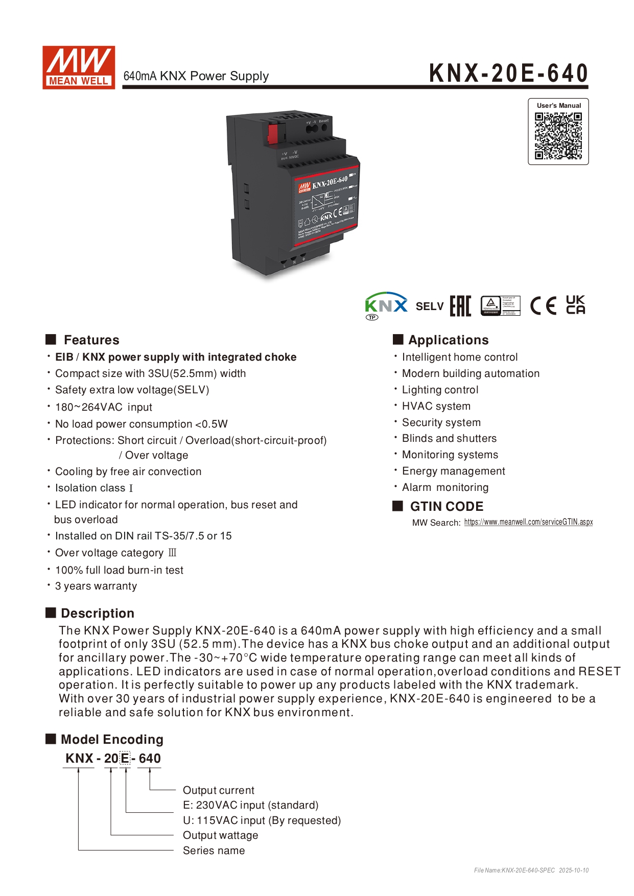 สวิทช์ชิ่งพาวเวอร์ซัพพลาย Meanwell KNX-20E-640 POWER SUPPLY 19.2W 30V 640mA 220VAC
