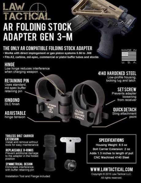 New.ชุดพับพายท้าย M4 Law Tactical AR-15 Folding Stock Adapter for Cmmg M4 / M16 / SR25 ราคาพิเศษ