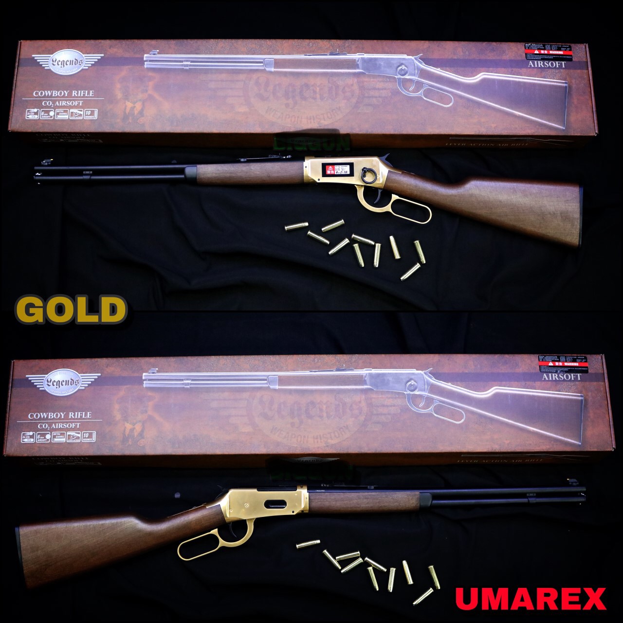 Umarex Legends Cowboy Lever Action Rifle “แรง 400 ฟุต” (สีเงิน/สีทอง) * ระบบ CO2 * คัดปลอก * ระบบคานเหวี่ยง * บอดี้โลหะ * บรรจุ 10 นัด * ศูนย์หน้าตายตัว * ศูนย์หลังปรับได้ * พานท้ายโพลิเมอร์ลายไม้ * ใช่ปลอกกระสุนร่วม กับ Peacemaker ได้ * บรรจุ co2/2หลอด ใ