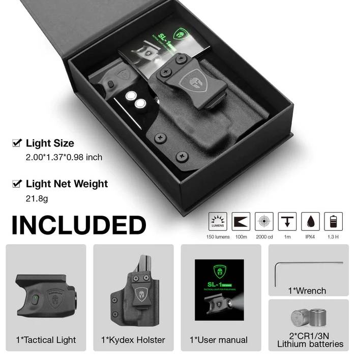 ไฟฉาย Warriorland SL-1 + ซองพกใน Kydex มี 3 รุ่นให้เลือก 🍁 รุ่น Sig Sauer P365 🍁 รุ่น G43/G43X ( เฉพาะรุ่นที่ไม่มีราง ) 🍁 รุ่น Springfield Hellcat 🔺ไฟฉาย ผลิตจาก Polymer เกรดคุณภาพ 🔺ออกแบบให้ทนทานต่อแรงรีคอยด์ได้