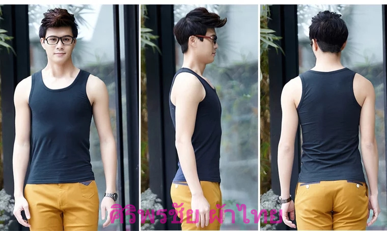 เสื้อผู้ชายคลาสสิกกล้าม ใส่แล้วท็อปส์เพียวสีขาวดำ หยุ่นผ้าฝ้ายไลคร่าเสื้อยืดเสื้อกล้าม เสื้อยืดเกาหลีคอวีชาย ดำ