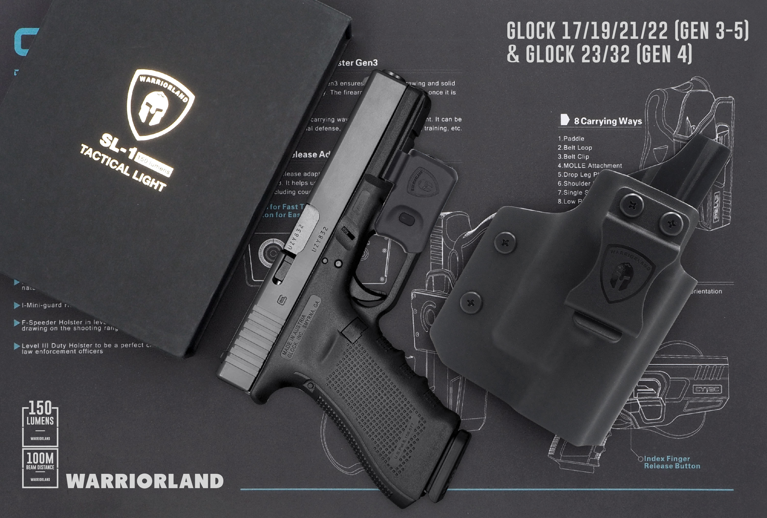 New.ไฟฉาย Warriorland SL-1 + ซองพกใน Kydex Glock 17/19/21/22 (Gen 3-5) & Glock 23/32 (Gen 4) ดำ
