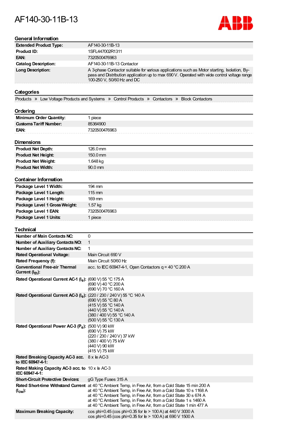 แมกเนติก AF140-30-11B-13 ABB 75kW Magnetic Contactor คอยล์ 220VAC 1 SFL447002R1311