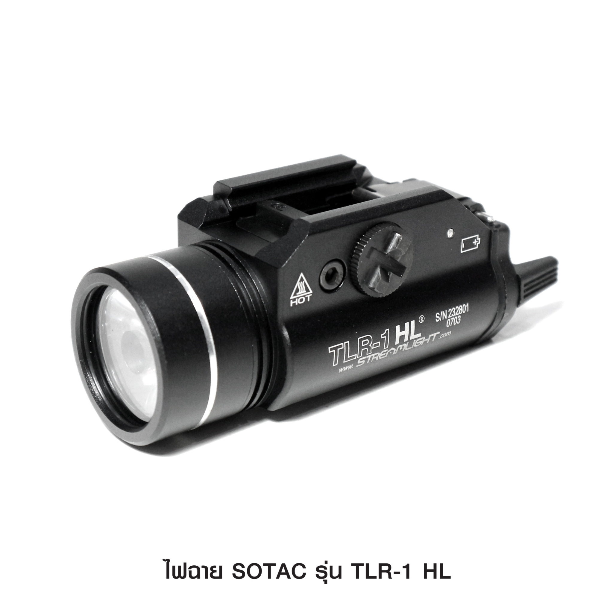 New.ไฟฉาย SOTAC รุ่น TLR-1 HL -ตัวเรือนผลิตจากอลูมิเนียมเกรดคุณภาพ -หลอด LED ความสว่าง 800 lumens -3 functions : Constant / Momentary / Strobe -Runtime : 1.5 hours. -Battery : 2 * CR123A Battery ( ไม่ได้แถมมา ) -Dimension : ยาว 7.8 cm. กว้าง 3.5 cm. -Colo