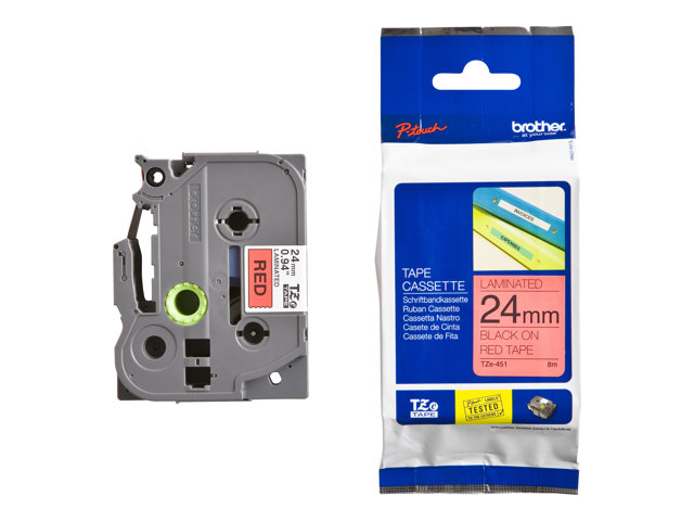 เทปพิมพ์อักษร TZE-451 ขนาด 24 มม. อักษรสีดำพื้นแดง แบบเคลือบพลาสติก Brother