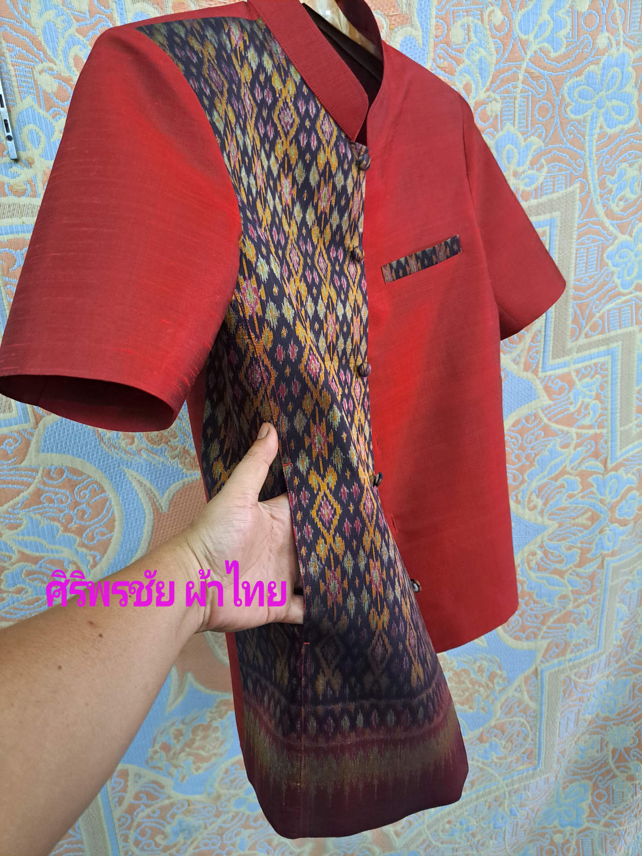 เสื้อสูทผ้าไหม แท้ 4 เส้น แต่งด้วยผ้าไหม มัดหมี่ 2 ตะกอ เสื้อสูทผ้าไหมแท้ ตามภาพ L
