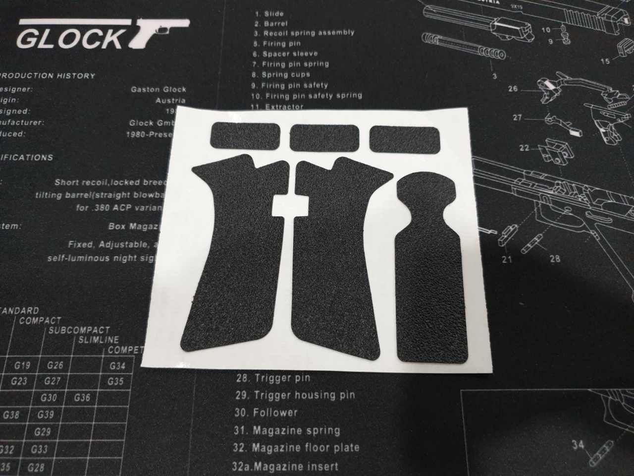 เทปกันลื่น Glock Gen3/4 แผ่นกันลื่นติดด้าม Glock เหนียว ติดทนทาน จับถนัดมือ คำแนะนำ -ทำความสะอาดผิวบริเวณที่ต้องการติดก่อน -ใช้ไดร์เป่าลมร้อน หลังจากติดแผ่นกันลื่น 3 รุ่น : G19/ G17 / G26