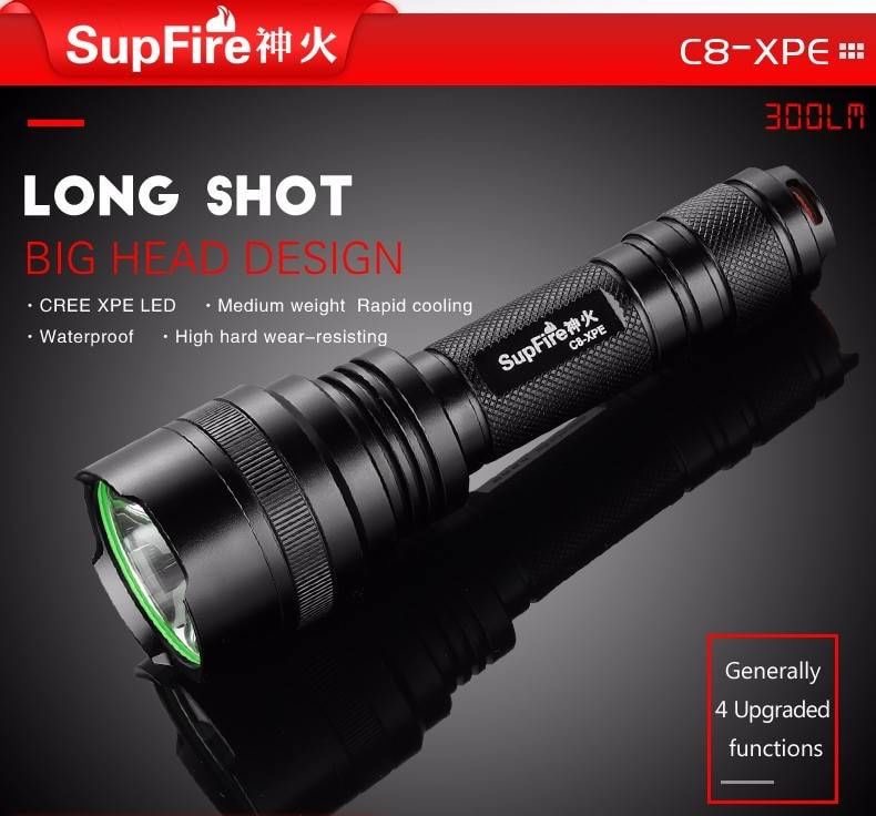 ไฟฉาย Supfire รุ่น C8-XPE มาพร้อมกับ หลอด CREE XPE LED ความสว่างสูงสุด 600 Lumens ออกแบบให้ ระยะส่องสว่าง ได้ไกลถึง 224 ม. วัสดุอลูมิเนียมอัลลอยด์ ระบายความร้อนได้ดี มีสวิตซ์ เปิด-ปิด ขนาดใหญ่ ใช้งานสะดวก ขนาดไฟฉาย ด้าม 23 mm. * ยาว 155 mm. ใช้แบตเตอรี่ขน