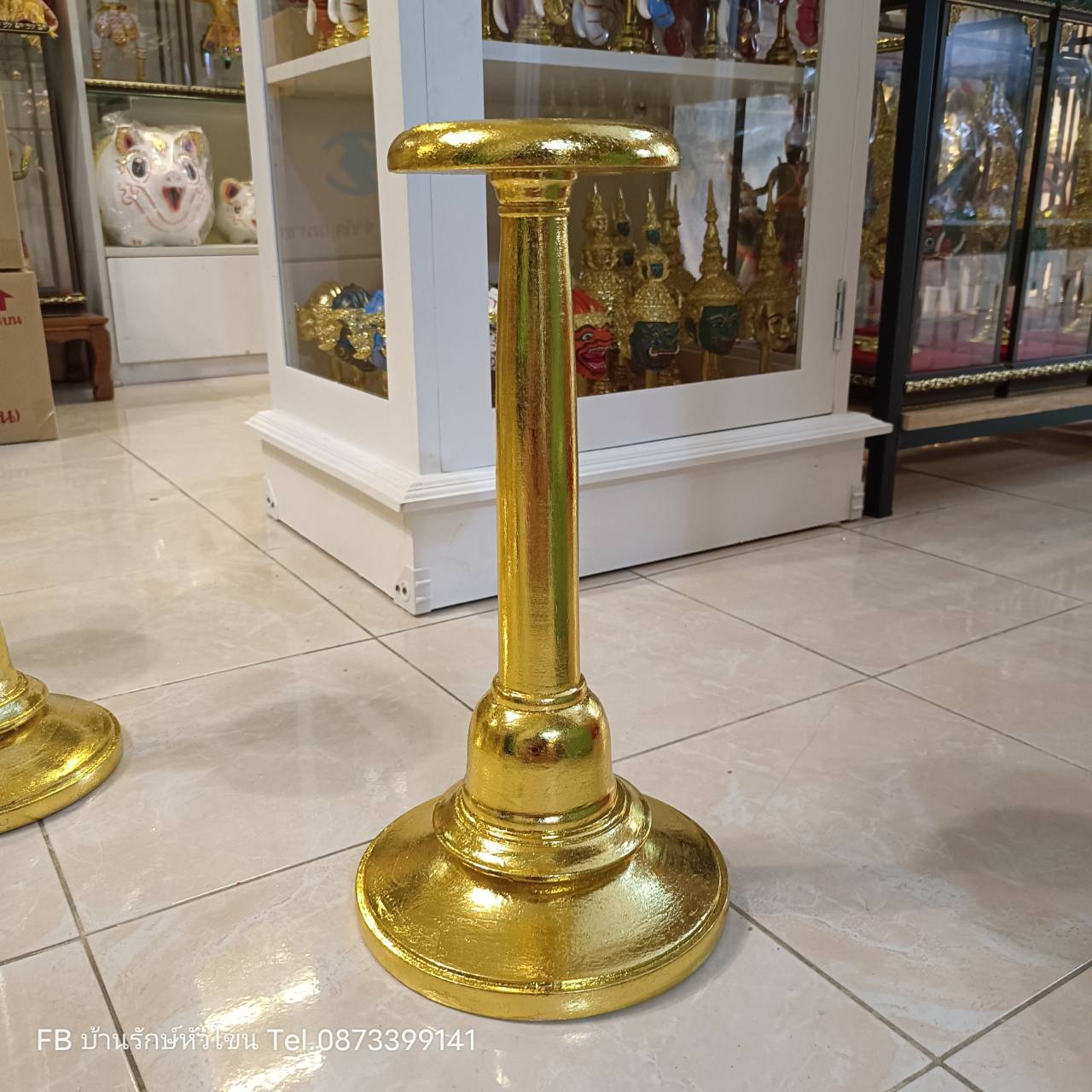 ฐานไม้กลึง ปิดทอง ขาตั้ง ฐานวางเศียร ขนาดครอบ สูง 16 นิ้ว