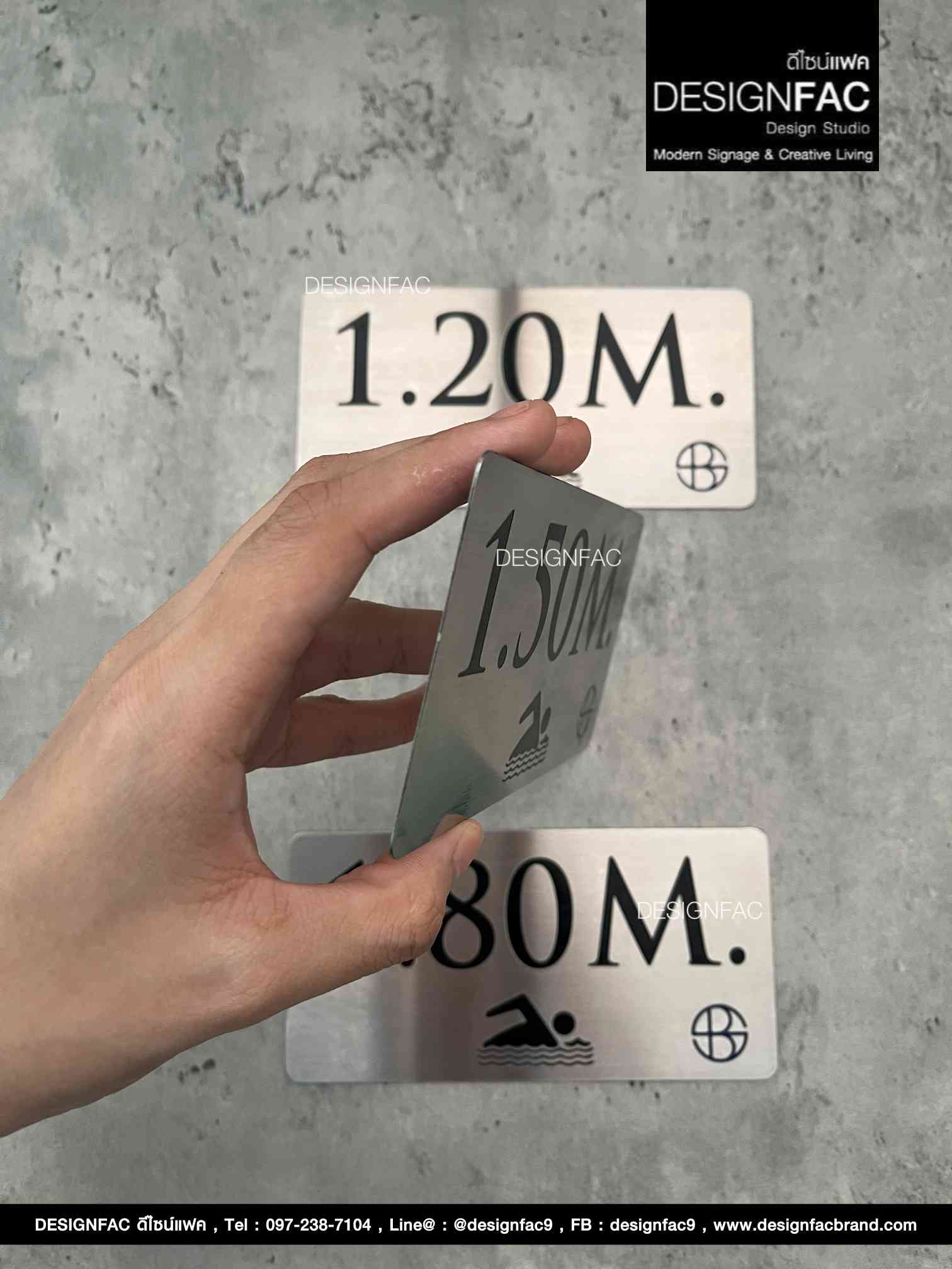 ป้ายสแตนเลสกัดกรด ป้ายความลึกสระว่ายน้ำ ทนต่อสภาพอากาศ สไตล์โมเดิร์น