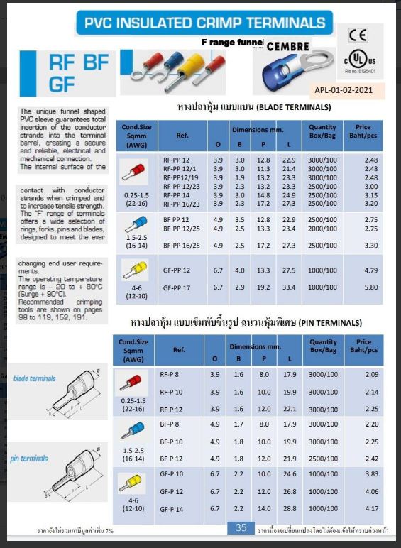 หัวเสียบก้านไม้ขีด แบบแบนหุ้ม สีเหลือง GF-PP17 CEMBRE ใช้กับสาย 4-6 sq.mm