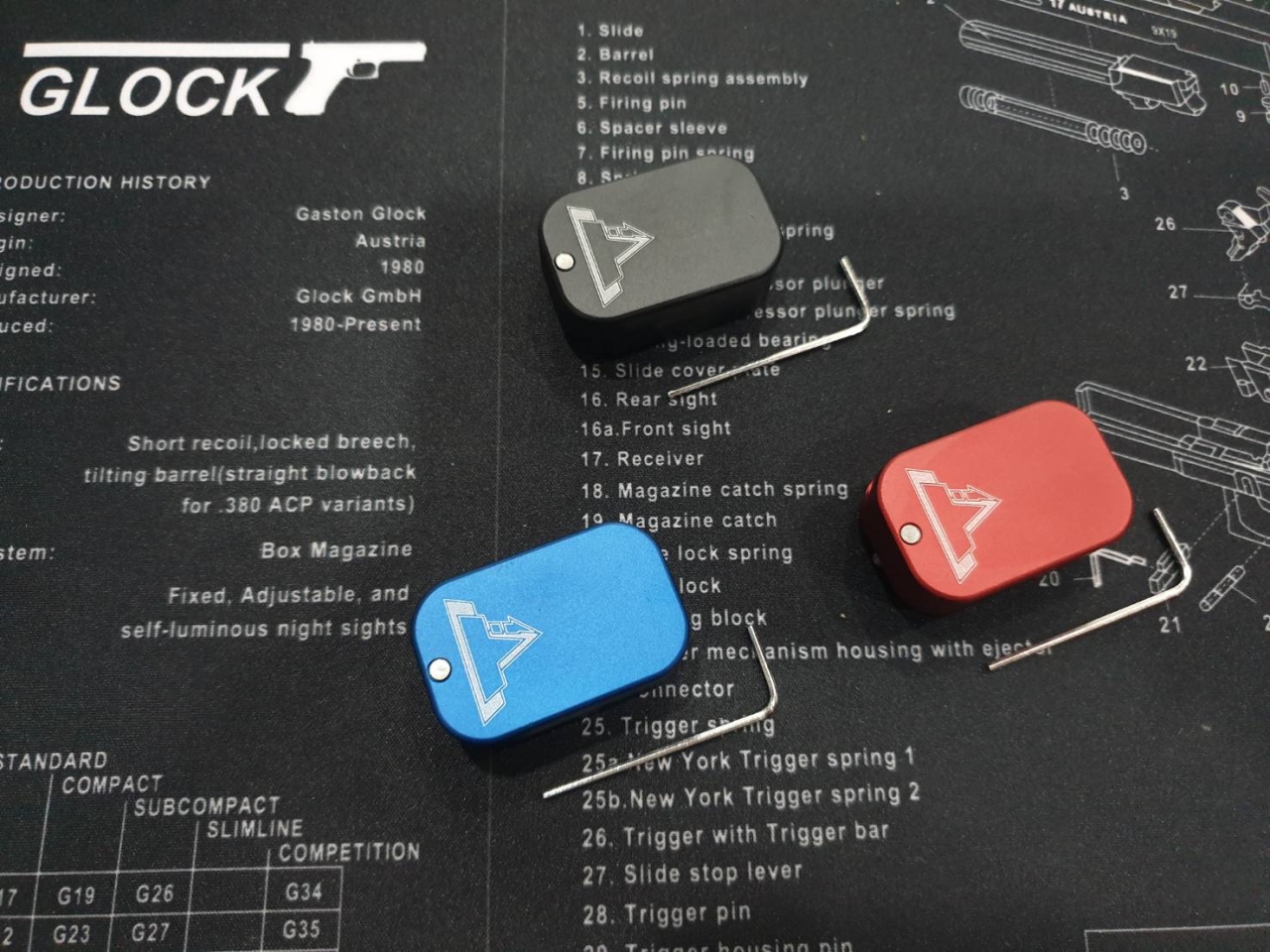 🚩...New สินค้าเข้ามาใหม่ค่ะ ส้นแม็ก G19/17 +2 นัด (ทรง Taran) Glock Magazine Base Pad ผลิตจาก อลูมิเนียม เกรดคุณภาพ ผ่านการCNC และทำสี anodized เพิ่ม +2 นัด สำหรับขนาด 9 มม. ติดตั้งง่าย ใช้งานสะดวก ประแจหกเหลี่ยมแถมมาในชุด 3 สี : ดำ แดง น้ำเงิน
