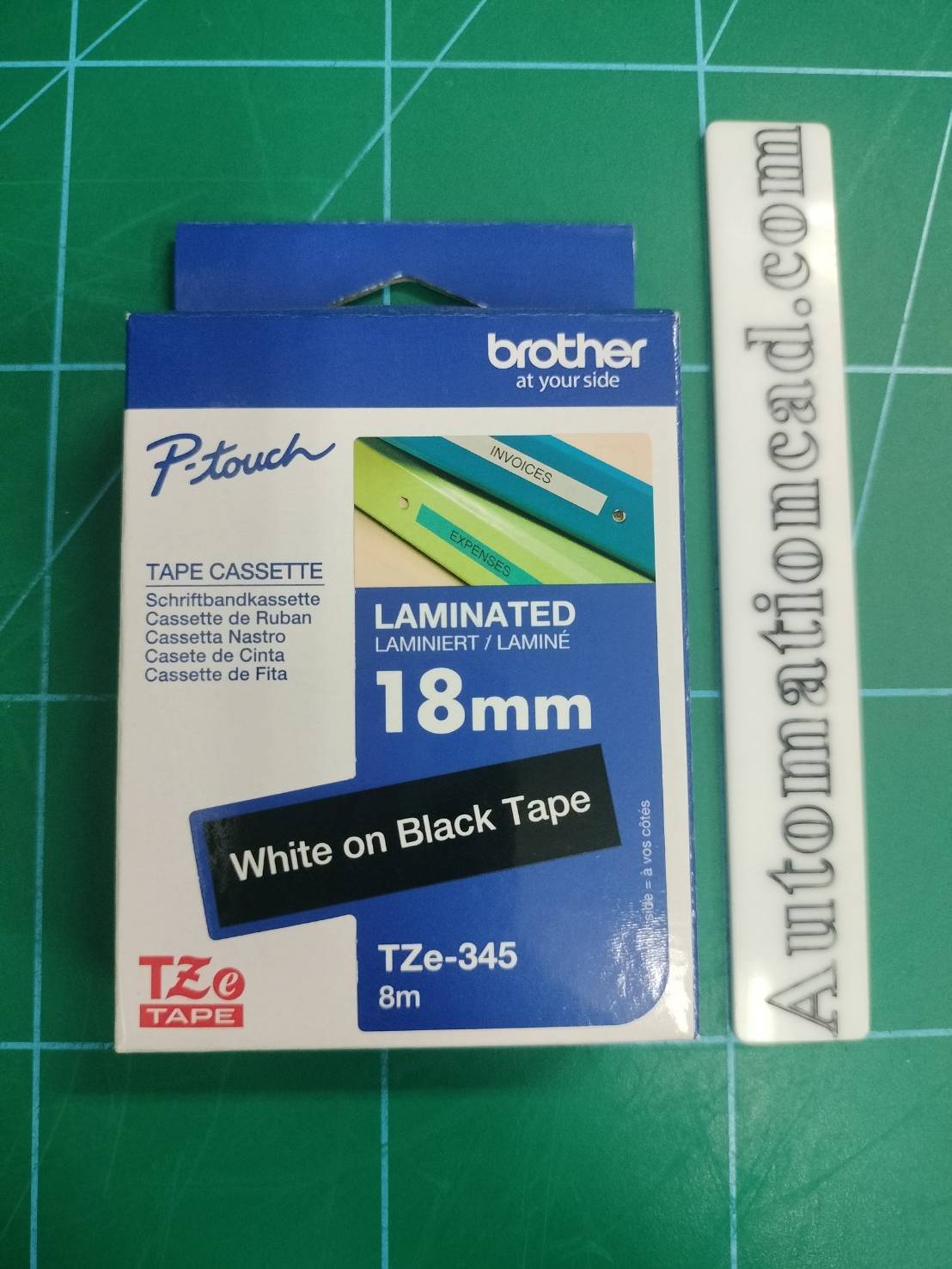 เทปพิมพ์อักษร TZE-345 ขนาด 18 มม. อักษรสีขาวพื้นดำ แบบเคลือบพลาสติก Brother
