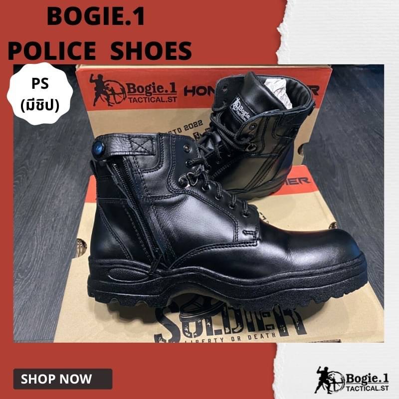 รองเท้าหุ้มข้อสั้นสีดำ รุ่น POLICE SHOES (PS ชิป) **ใส่ง่ายถอดง่าย สะดวกต่อการใช้งาน** -รองเท้าพื้นยางกันลื่นมีความยืดหยุ่นสูง -หุ้มข้อสีดำความสูง 5-5.5 นิ้ว ใส่กำลังสบาย -หนังแท้ ขัดขึ้นเงา ดูแลทำความสะอาดง่าย -พื้นอัดแน่นเสริมความแข็งแรงเย็บขอบสูง1 นิ้ว