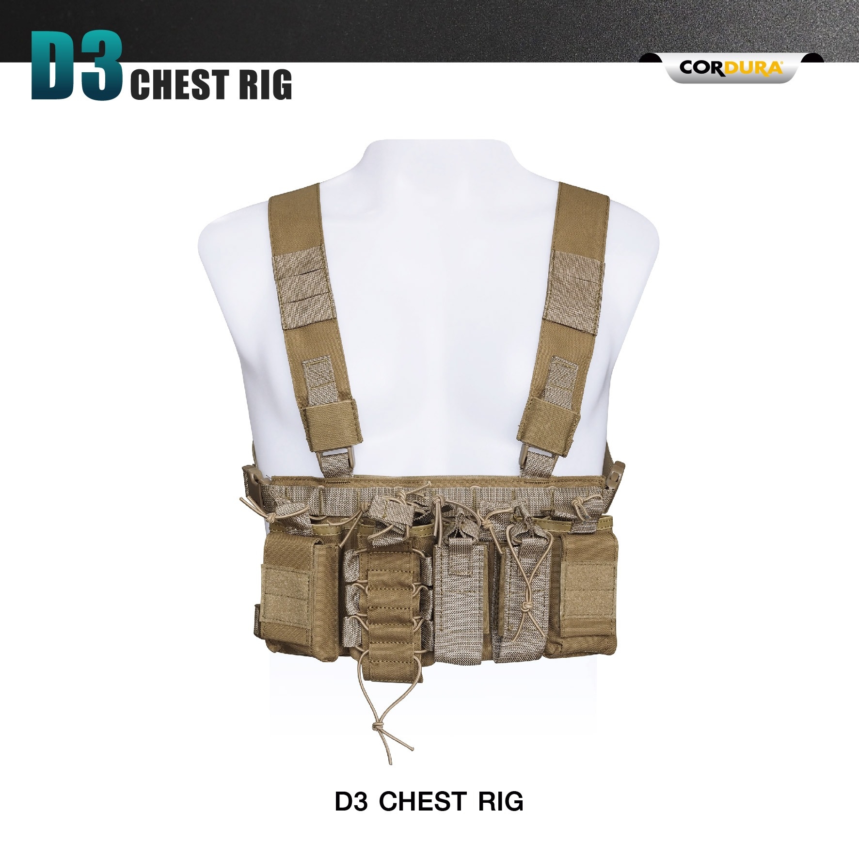 New.D3 Chest Rig (double arrow right)ผลิตจากผ้า Cordura 1000D (double arrow right)น้ำหนักเบา เพียง 0.45 kg ใส่สบาย (double arrow right)มีช่องใส่แม็กกาซีนปืน M4/M16 ได้มากถึง 4 ช่อง (double arrow right)มีช่องใส่ แม็กกาซีนปืนสั้น/ไฟฉาย ได้ 2 ช่อง (double ar