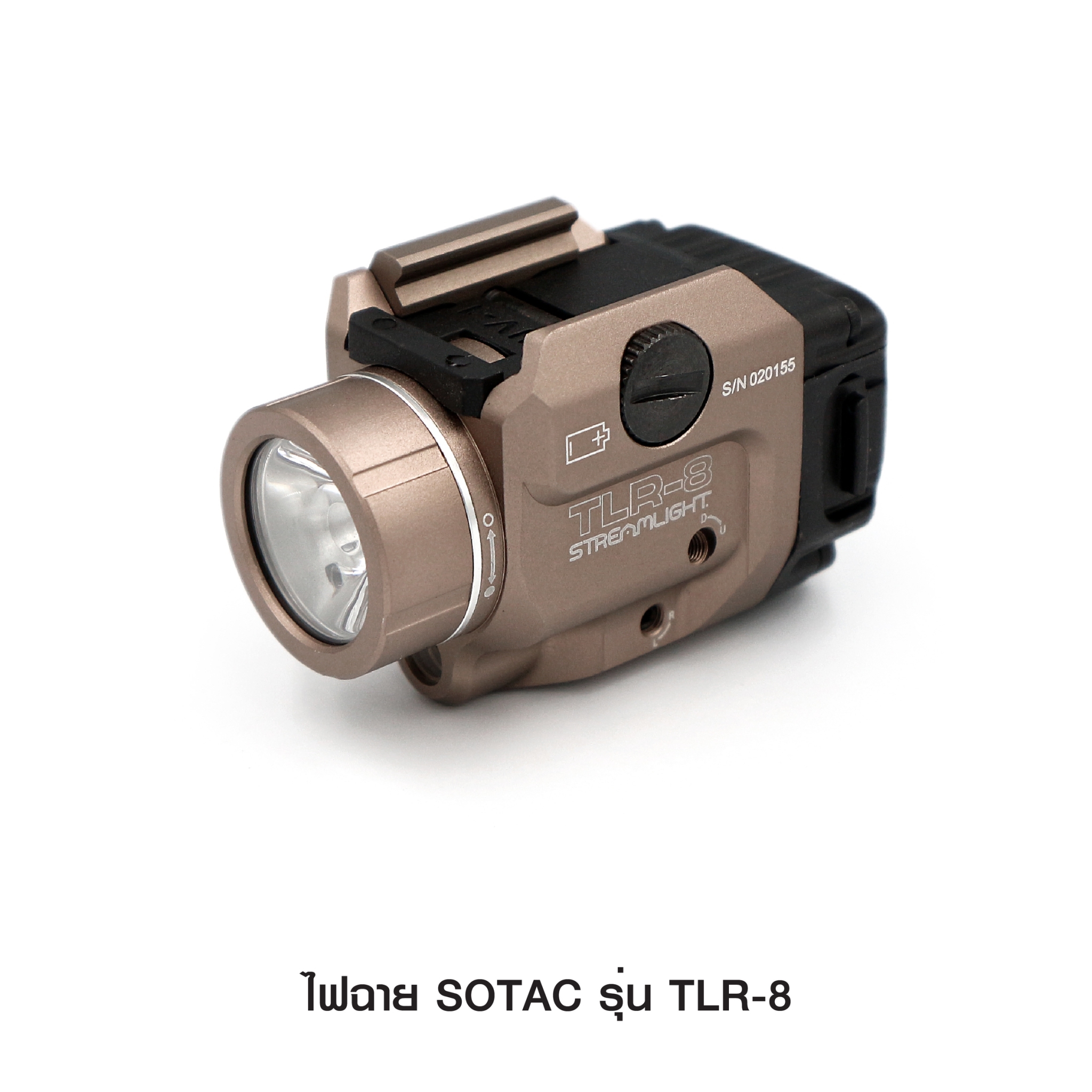 ไฟฉาย SOTAC รุ่น TLR-8 ตัวเรือนผลิตจากอลูมิเนียมเกรดคุณภาพ หลอด LED ความสว่าง 500 lumens Laser : Red color 5 functions : Laser only/ LED only / Laser with LED/ Strobe/ Strobe + Laser Runtime : 1.5 hours. Battery : 1 * CR123A Battery ( ไม่ได้แถมมา ) Dimens