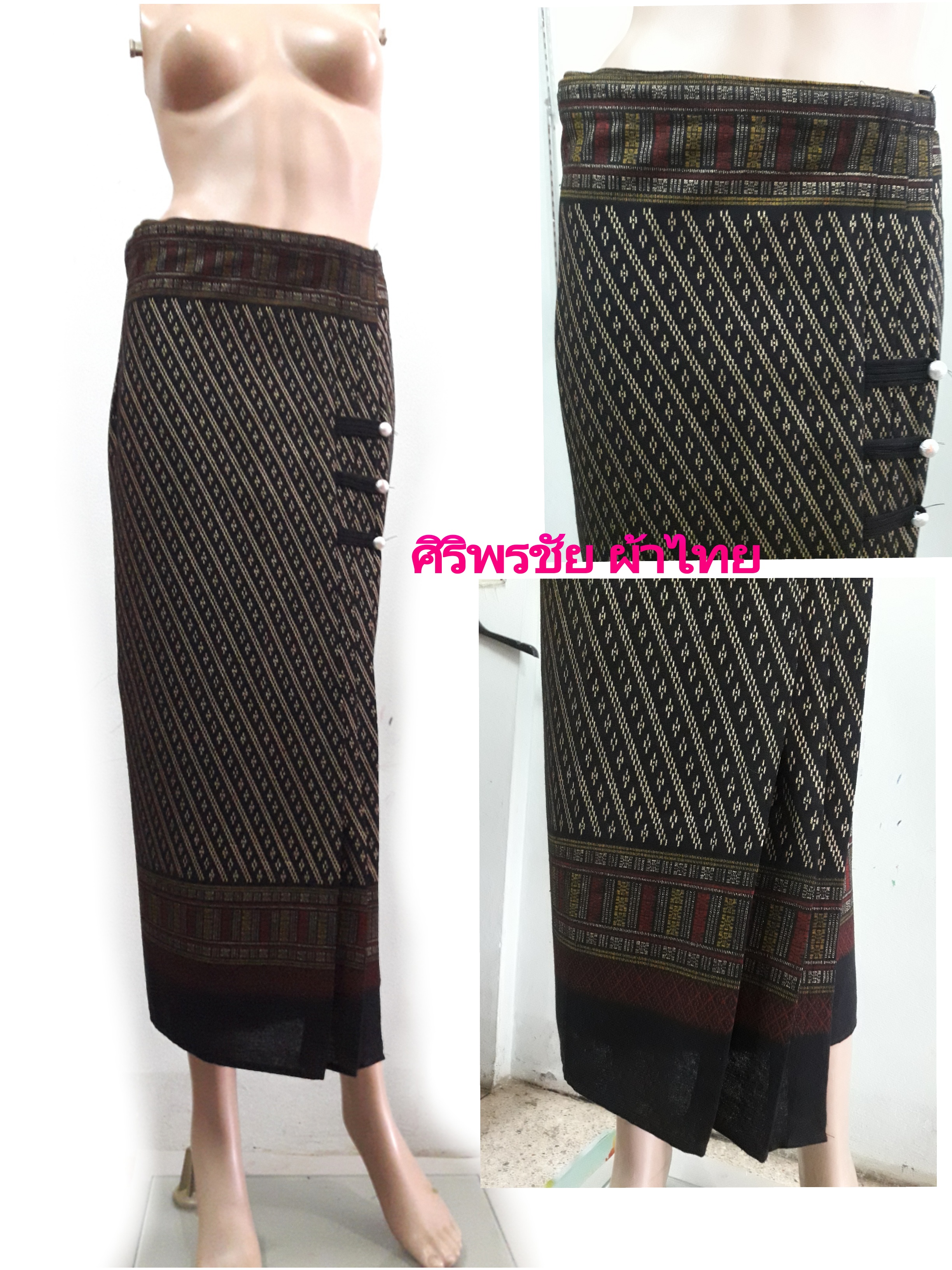 ผ้าถุงสำเร็จรูปแบบป้ายเลื่อนตะขอ ผ้าถุงสำเร็จรูปมัดหมี่ ผ้าฝ้ายมัดหมี่ตีนแดงตัดสำเร็จ พร้อมส่ง