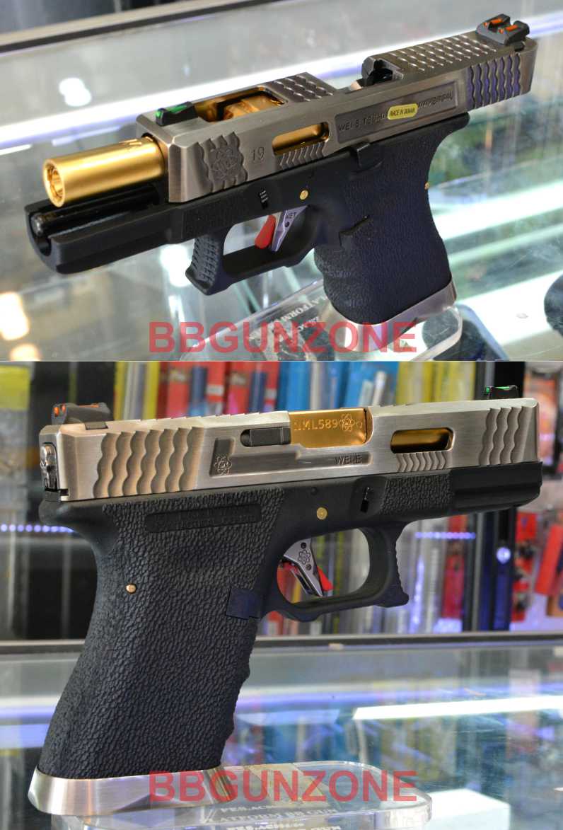 WE Glock19 Brand War (T3) เฟรมดำ สไลด์เงิน ท่อทอง