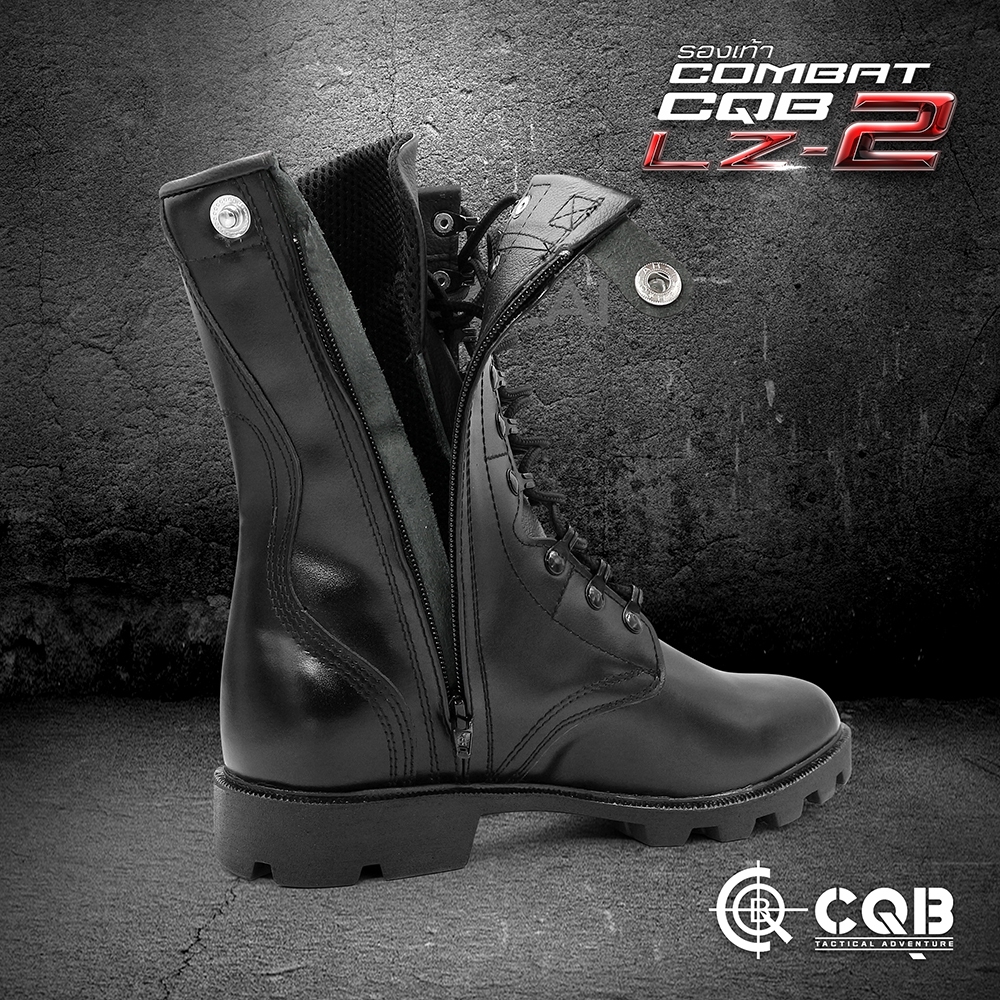 รองเท้า Combat CQB รุ่น LZ-2# (ซิปข้าง) -มีซิปข้าง เพื่อความสะดวก ในการสวมใส่ -ตาไก่ปลดไว 9 รู ความสูงจากพื้น 10 นิ้ว -น้ำหนักเบา หนังมีความนุ่มใส่สบาย -รองพื้นนิ่ม ใส่ไม่เจ็บเท้า -ขัดหรือวนน้ำ ขึ้นเงาได้ง่าย -เย็บพื้นด้านนอก และ ยึดน๊อตด้าน -ในพื้นรองเท้