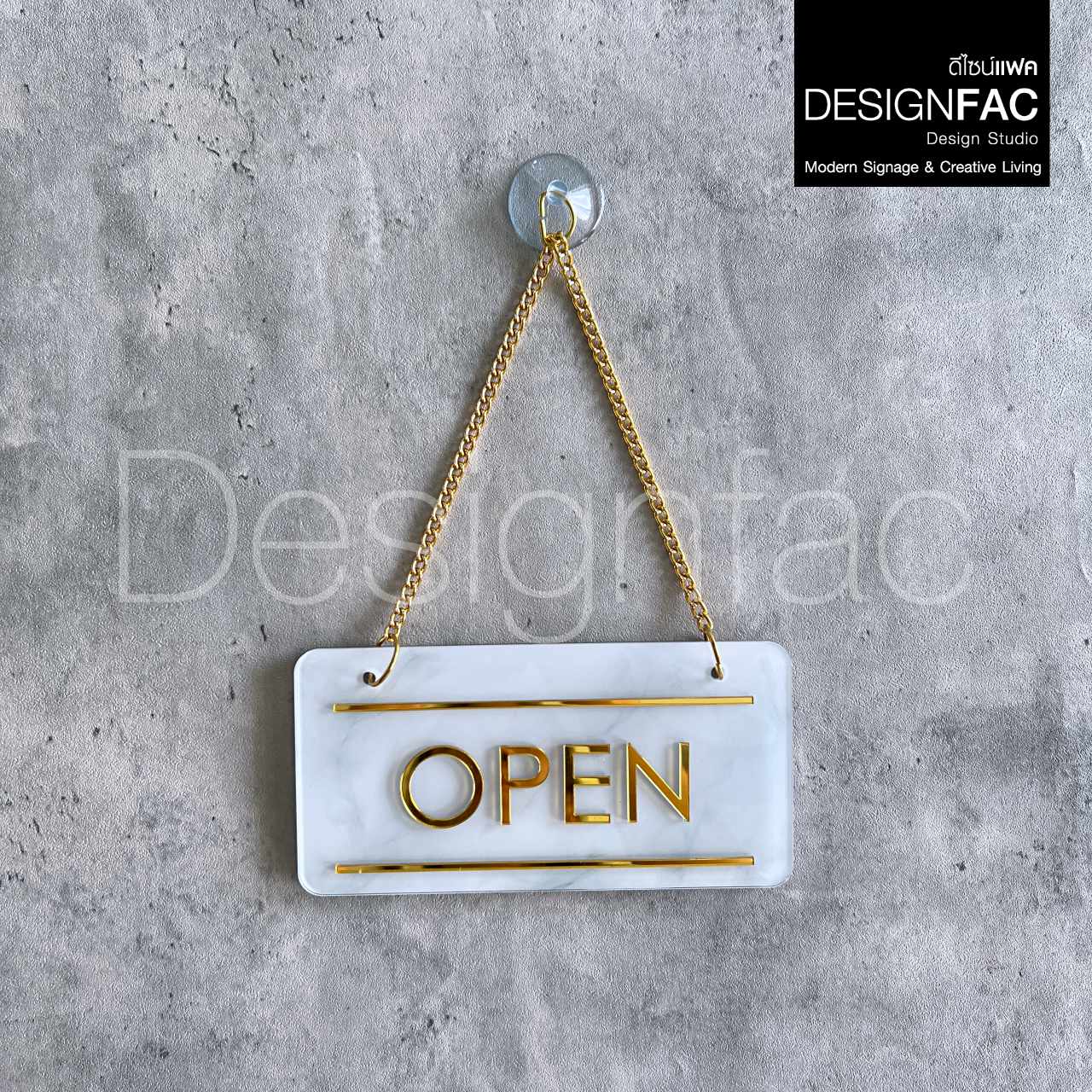 ป้ายเปิดปิดร้าน OPEN CLOSE ป้ายติดหน้าร้านลายหินอ่อนสีขาวตัดทอง สวยหรูหรา สไตล์โมเดิร์น มินิมอล
