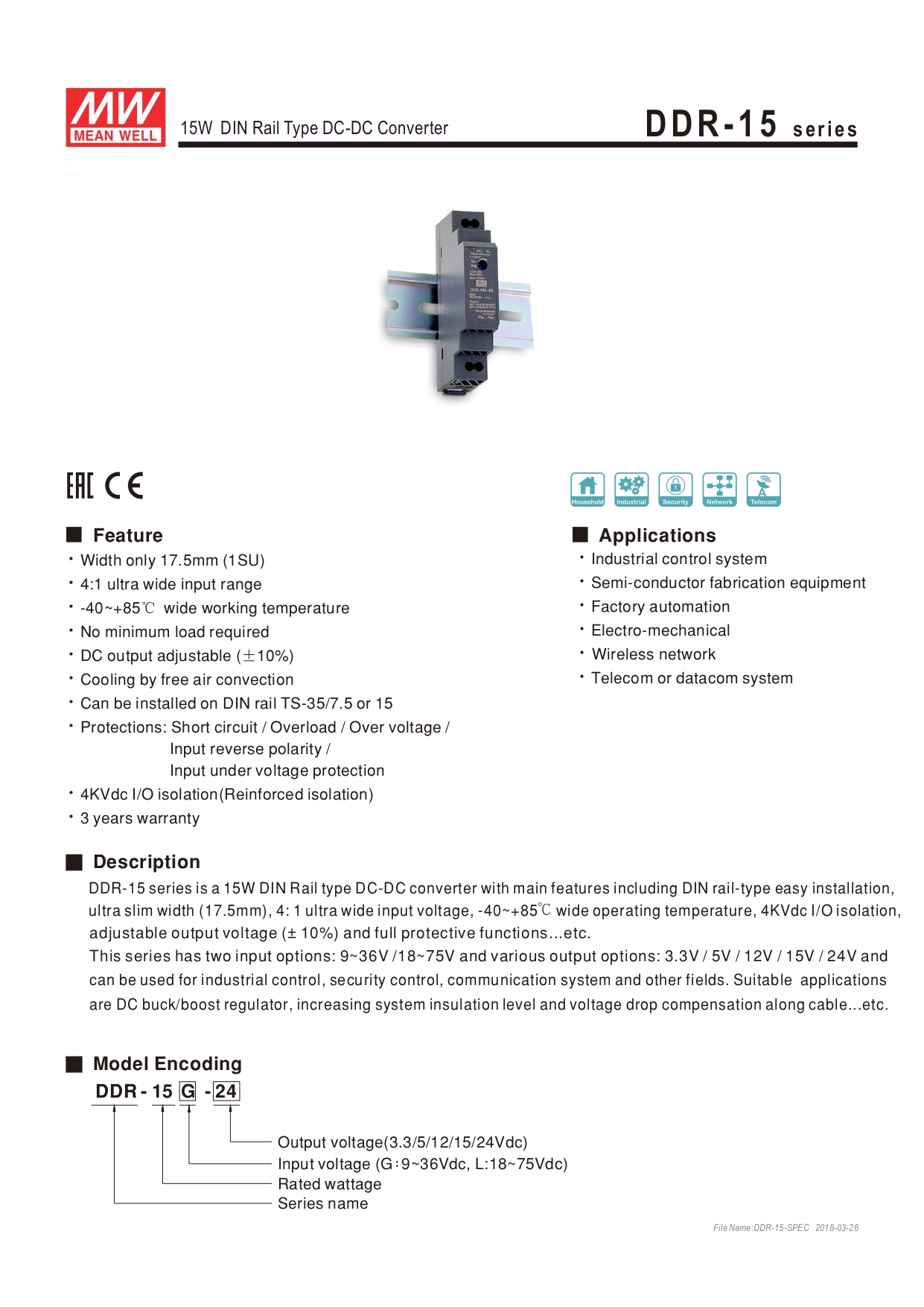 DDR-15G-5 Switching power supply MEANWELL Isolated DC/DC Converters ตัวแปลง DC-DC แปลง 9 –36 VDC เป็น 5 VDC