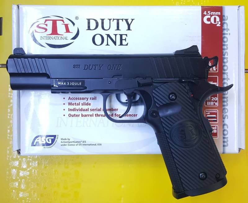 ปืนสั้นอัดแก๊สASG STI Duty One Blowback Co2 4.5mm/.177cal.Pistol ✔น้ำหนัก Weight: 825g ✔ความยาว Length: 220mm ✔ขนาดลูก BB: 4.5mm/.177 cal. ✔ยิงระบบ Fire Modes: Semi-Auto ✔ความแรง Muzzle Velocity: 450Fps. ✔บรรจุลูก