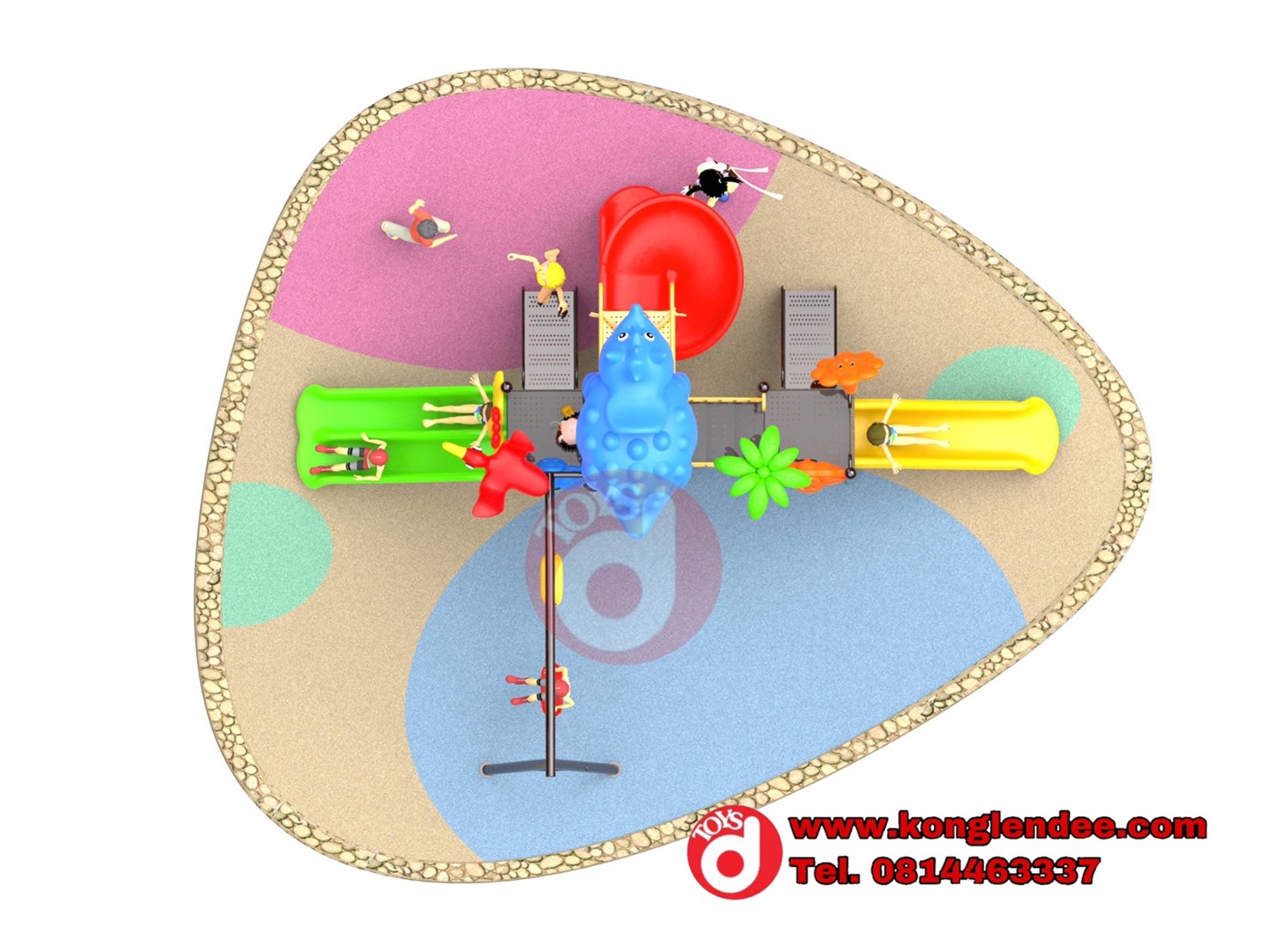 เครื่องเล่นสนาม ชุดไดโนเสาร์สามสไลด์พร้อมชิงช้า