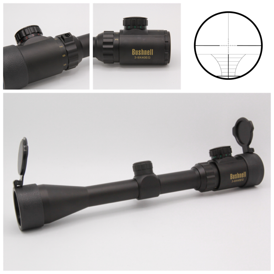 สโคป ยี่ห้อ Bushnell (โลโก้สีทอง) รุ่น 3-9*40EG สเปค : ซูม3-9เท่า หน้า40 คุณสมบัติ : -สามารถซูมได้3ถึง9เท่า -สามารถปรับโฟกัสได้ -ตัวเป้ามีไฟ2สี(สีแดง,สีเขียว) และ สามารถปรับความเข้มของแสงได้5ระดับ -ตัวสโคปเป็นแบบปรับใน ใช้ถ่าน CR2032 จำนวน1ก้อน (แถมถ่าน C