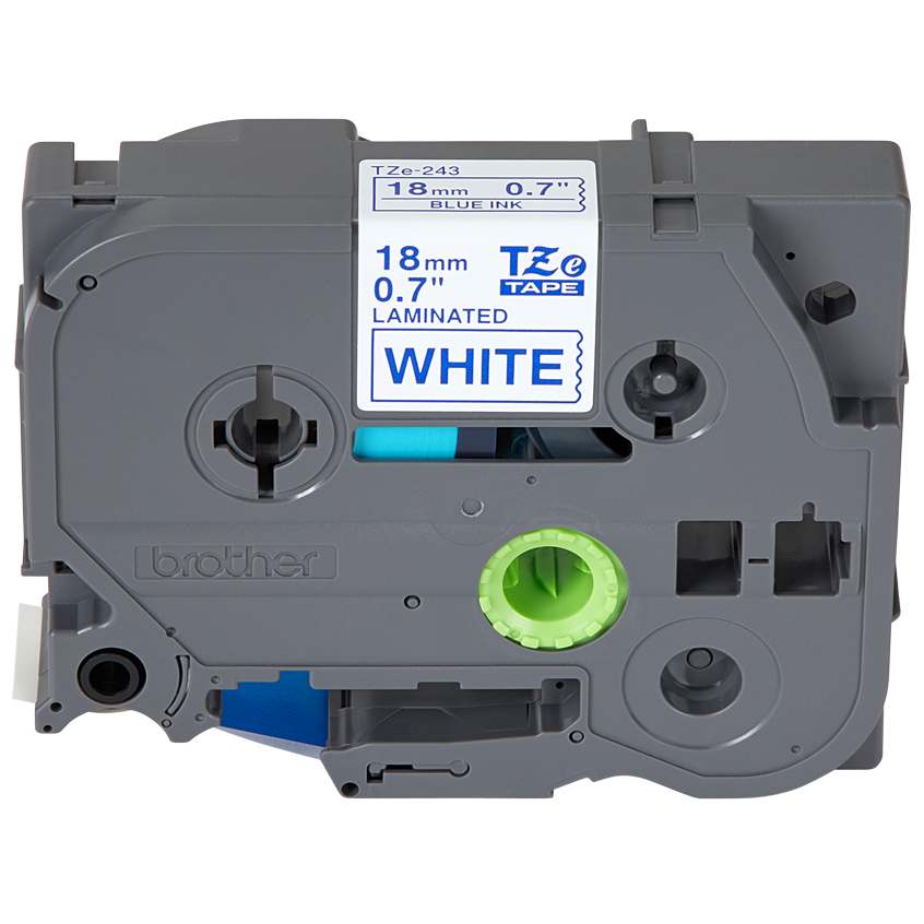 เทปพิมพ์อักษร TZE-243 ขนาด 18 มม. อักษรสีน้ำเงินพื้นขาว แบบเคลือบพลาสติก Brother