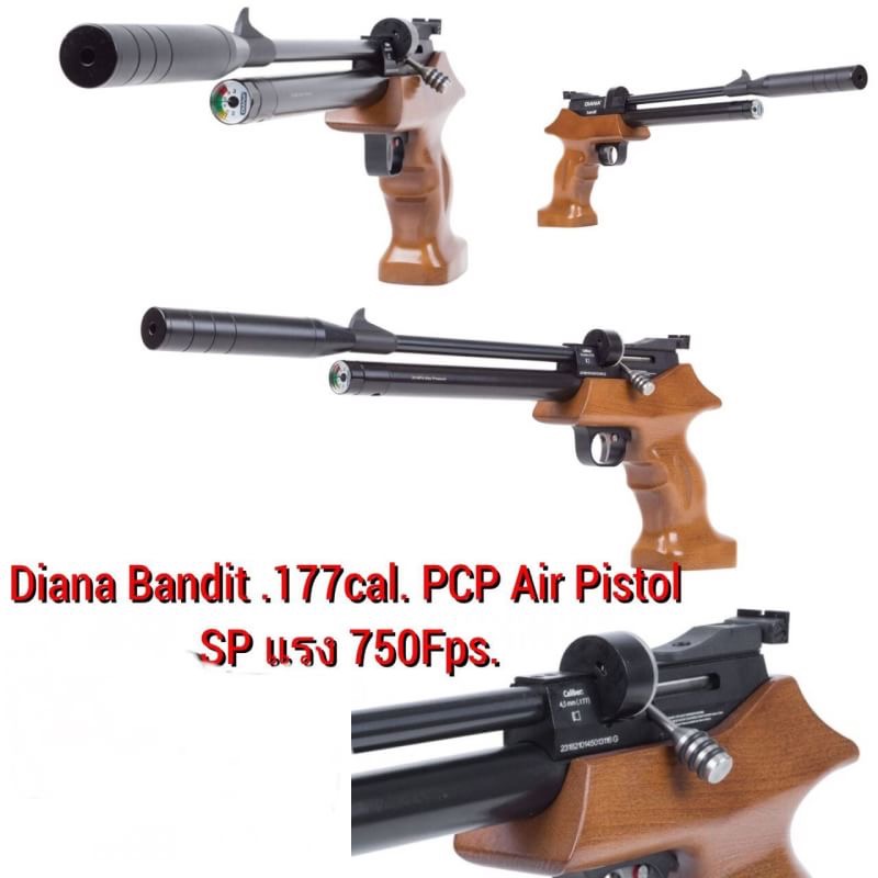 ปืนอัดลมทรงแข่งขันDiana Bandit Airgun Pistol ✅Velocity แรง 750Fps. ✅Overall Length ยาว 20.1" ✅Safety มีระบบเซฟล็อคไก ✅Gun Weight น้ำหนัก 2.2kg ✅50cc Cylinder ระบบถังลม ✅Barrel Length ลำกล้องเหล็ก 9.5" &#