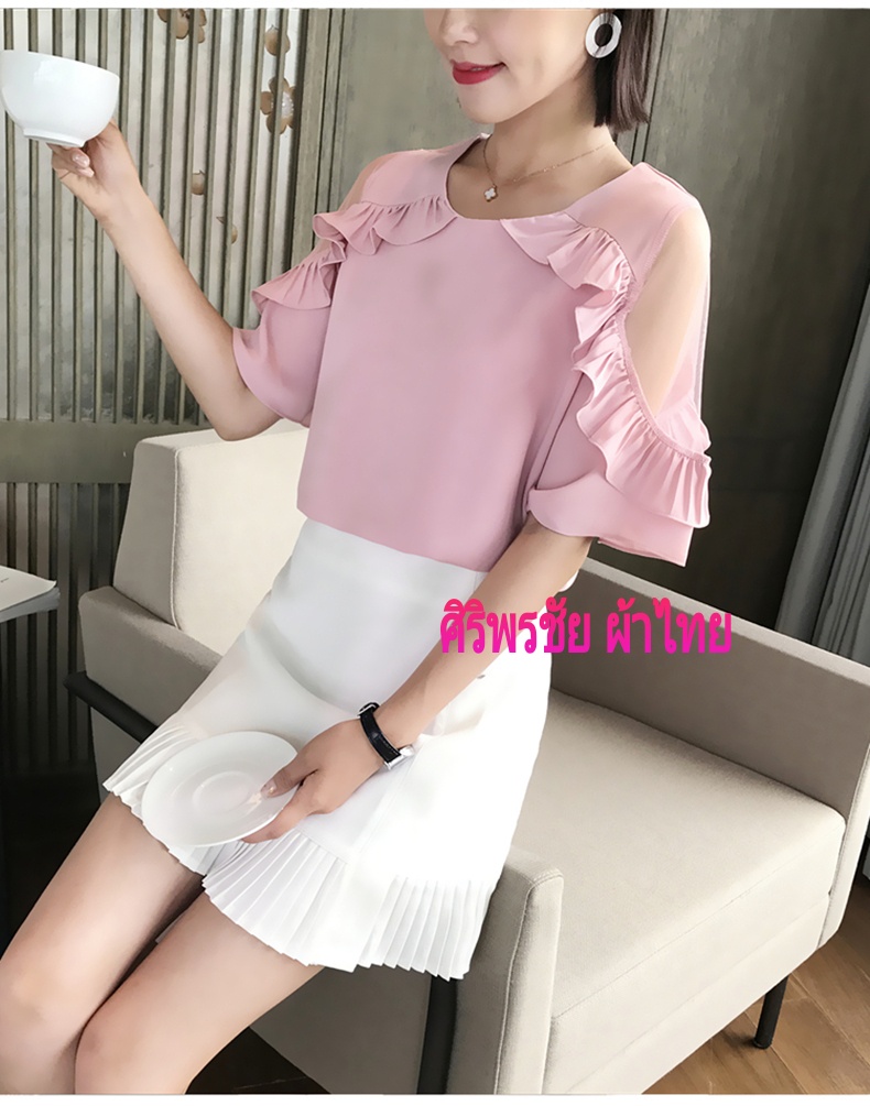 เสื้อทำงานชีฟองสีชมพูกระปิแต่งผ้าาอัดพรีทแขนเว้าผ้ามุ้ง เสื้อชีฟองแต่งพรีทสีชมพูกระปิ เสื้อทำงานเกาหลีคอแต่งโบว์ เสื้อสมัครงาน ชุดสมัครงาน เสื้อใส่กับผ้าถุง เสื้อใส่กับผ้าซิ่น