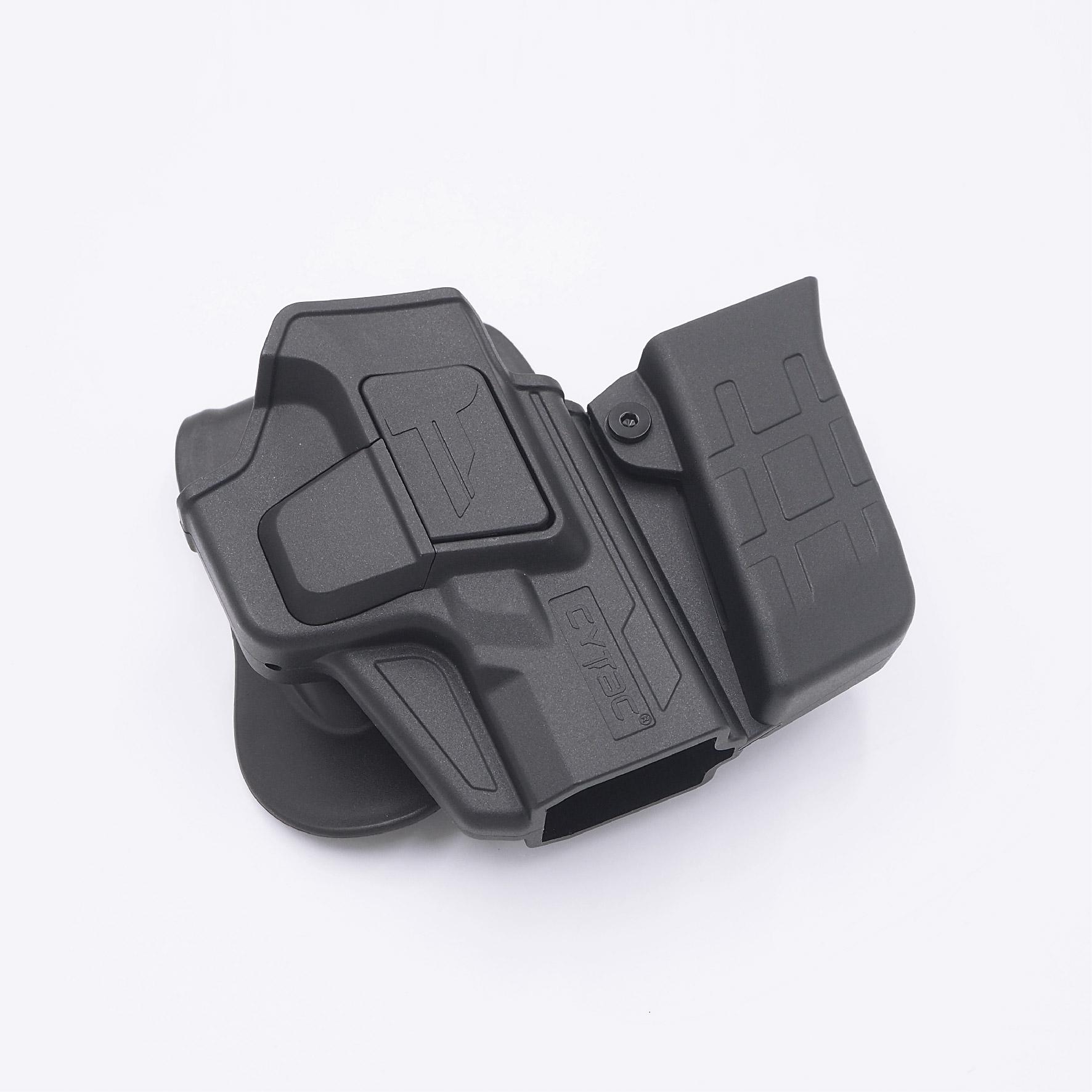 ซองพกนอกปลดนิ้วชี้ + แม็ก Cytac ⚓ ผลิตจากวัสดุ Polymer เกรดคุณภาพ ⚓ ซองถูกออกแบบให้ปลดล็อคนิ้วชี้ (Level 2) ใช้งานปลอดภัย ⚓ ด้านหลังเป็นเพลทเหน็บเข็มขัด ชนิดพิเศษ มีแผ่นยางเสริม เพิ่มความหนืด ⚓ สามารถถอดเพลทเหน็บออก เพื่อใช้กับ