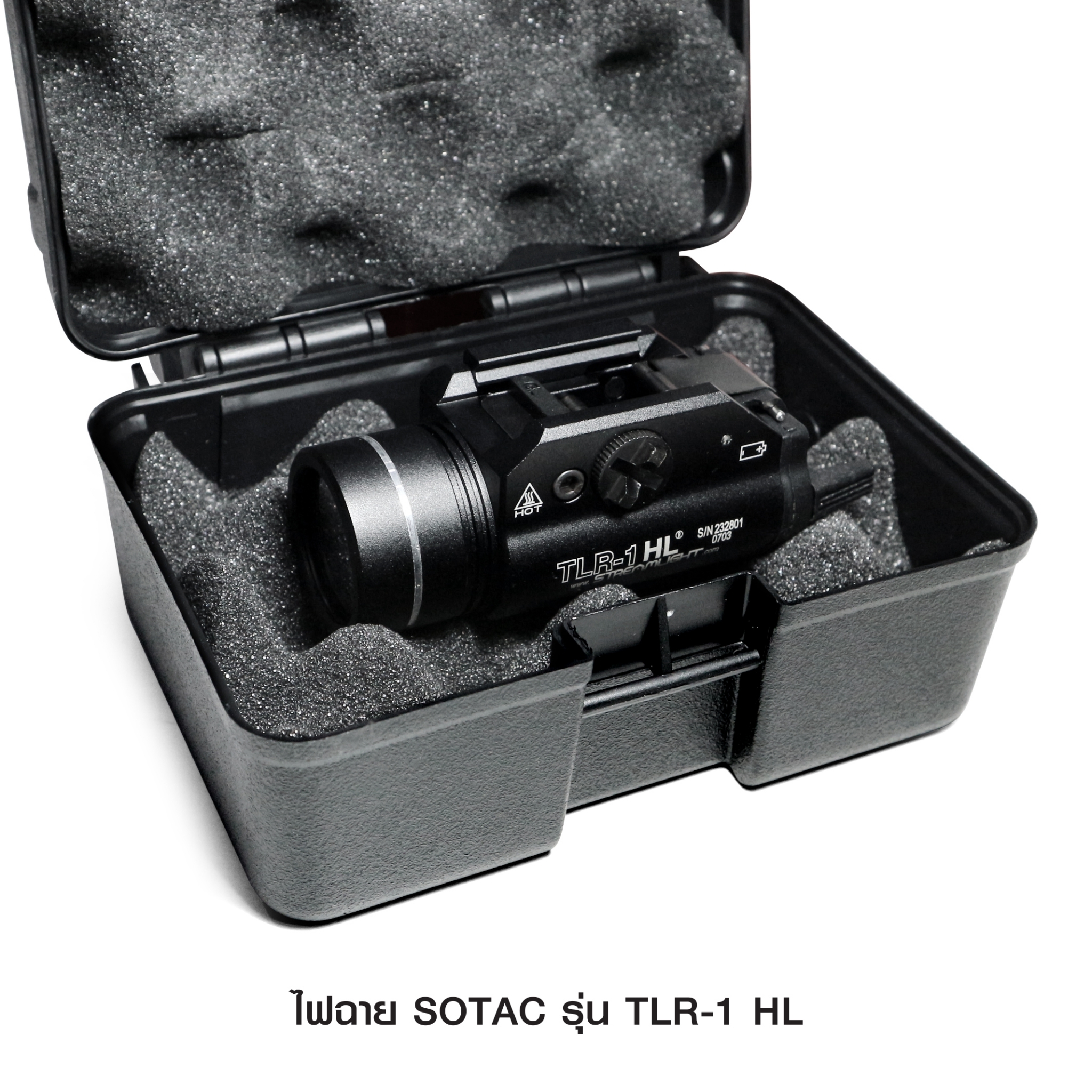 New.ไฟฉาย SOTAC รุ่น TLR-1 HL -ตัวเรือนผลิตจากอลูมิเนียมเกรดคุณภาพ -หลอด LED ความสว่าง 800 lumens -3 functions : Constant / Momentary / Strobe -Runtime : 1.5 hours. -Battery : 2 * CR123A Battery ( ไม่ได้แถมมา ) -Dimension : ยาว 7.8 cm. กว้าง 3.5 cm. -Colo