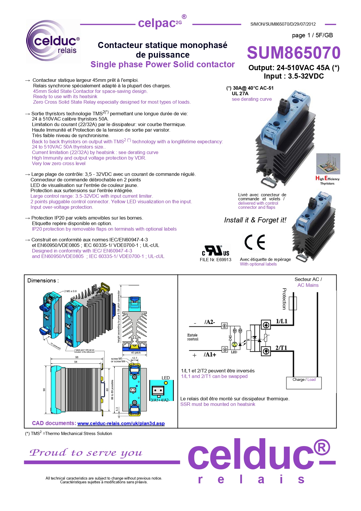 โซลิดสเตต SSR 45A 24-510Vac Input 3.5-32VDC/LED SOLID STATE RELAY CELDUC รุ่น SUM865070