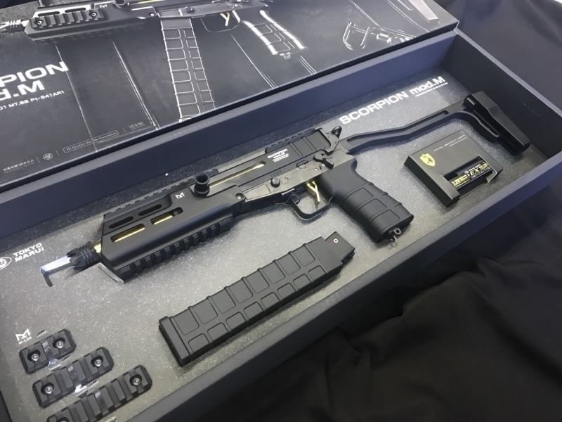 Re-Stock Tokyo Marui SCORPION Mod M Product Brand: Tokyo Marui Product Code: TM-4952839175380 Hop-Up: ADJUSTABLE Weight: 1,300 g Length: 565 mm Capacity: 260 rds Power: 240 fps Motor: Battery Size: 7.2v Shooting Mode: Semi Auto / Full Auto