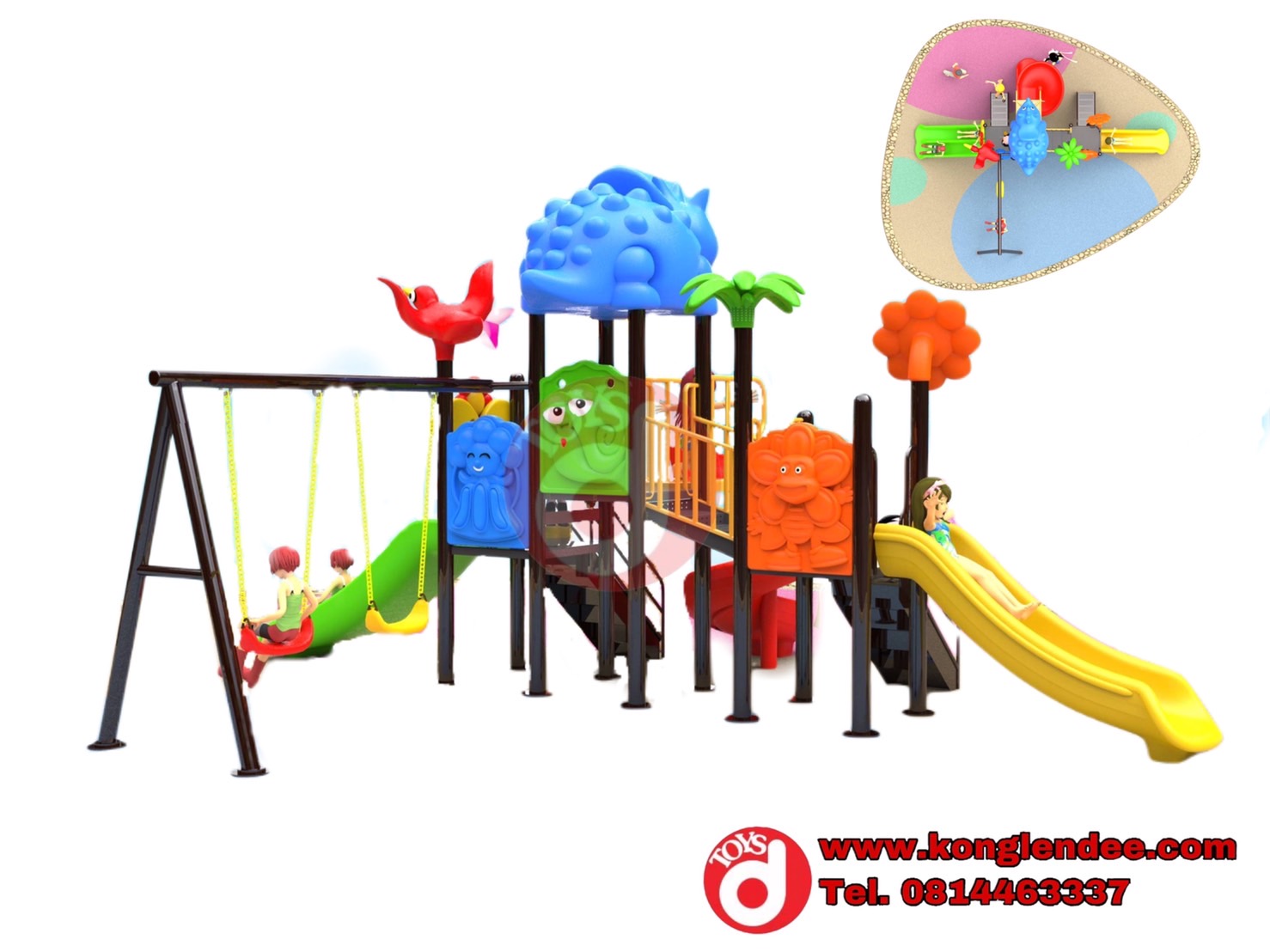 เครื่องเล่นสนาม ชุดไดโนเสาร์สามสไลด์พร้อมชิงช้า