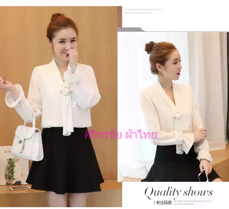 เสื้อทำงานชีฟองเกาหลีอัตพรีทแต่งผ้าพันคอพร้อมห่วงโลหะ เสื้อชีฟองอัดพรีตเกาหลีสวยพร้อมส่ง 3 สี