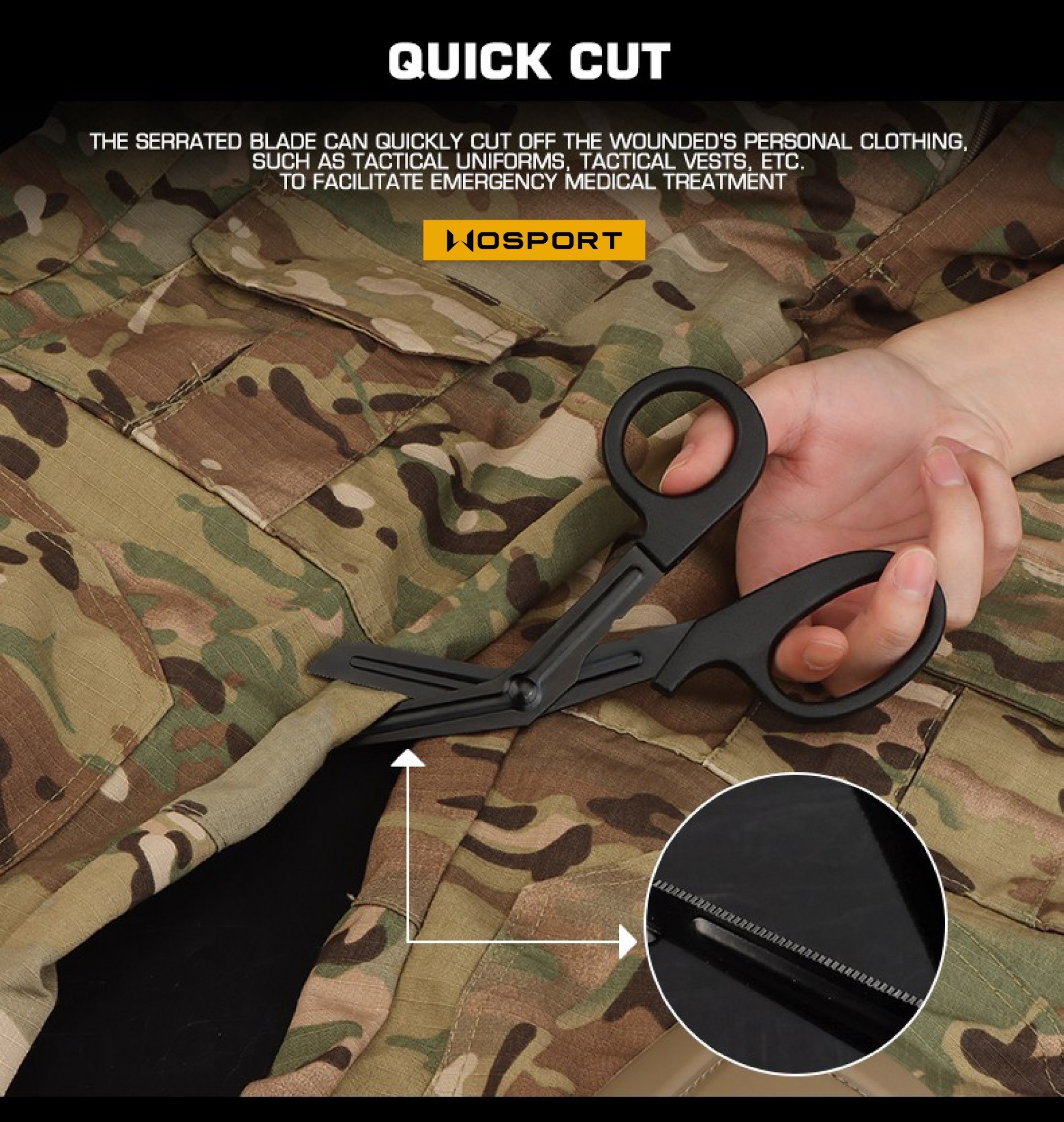 Mew.กรรไกร First AID WOSPORT ( Tactical Medical Scissors ) [ AC-50 ] ✂ กรรไกรผลิตจาก Stainless (ด้ามจับพลาสติก) ✂ ใช้งานทางยุทธวิถี First AID ✂ ออกแบบให้ปลายมน ปลอดภัย ✂ ขนาดกว้าง*ยาว 9*19 cm. ✂ น้ำหนักเบาเพียง 56 g. ราค