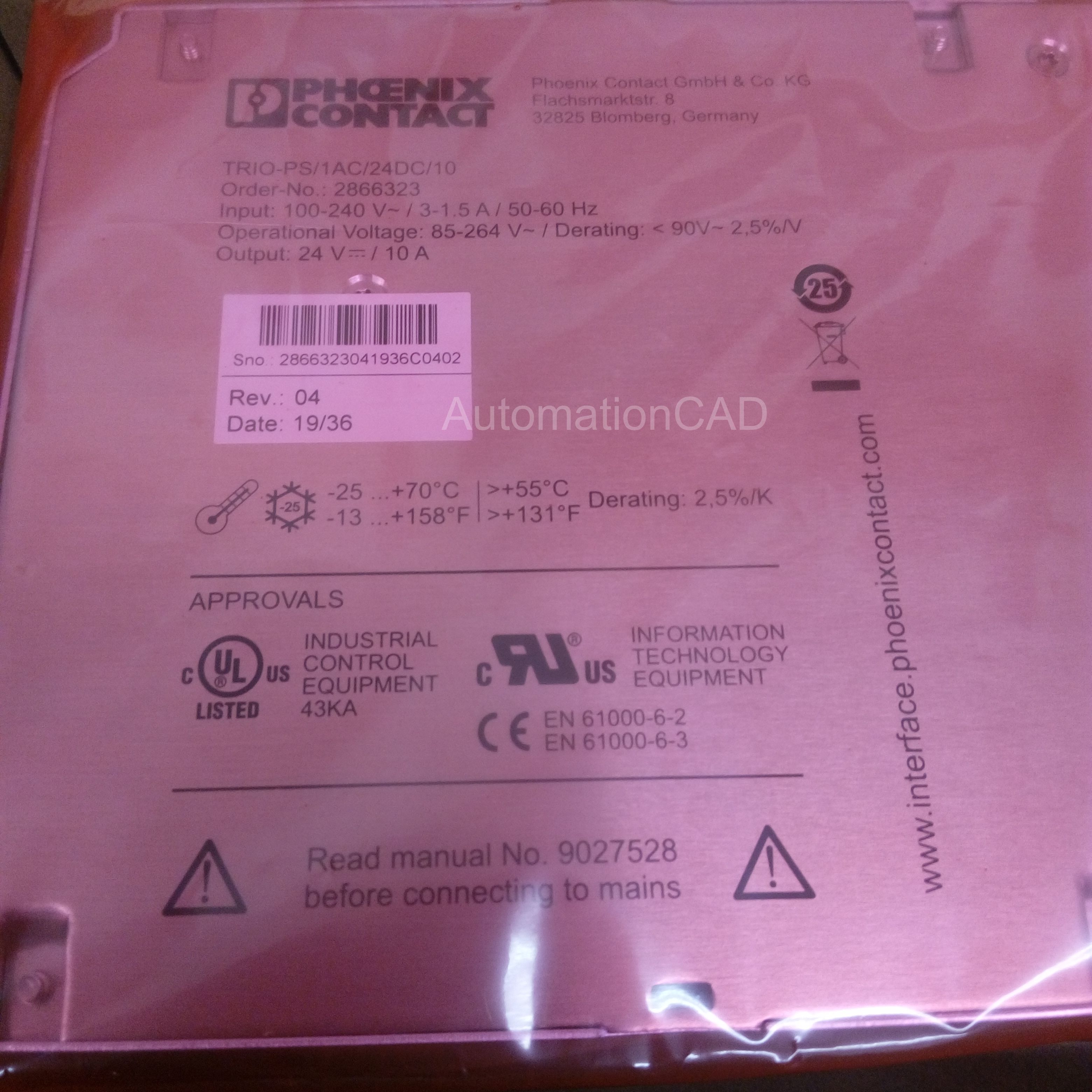POWER SUPPLY TRIO-PS/1AC/24DC/10- 2866323 PHOENIX CONTACT พาวเวอร์ซัพพลาย 24VDC 10 A