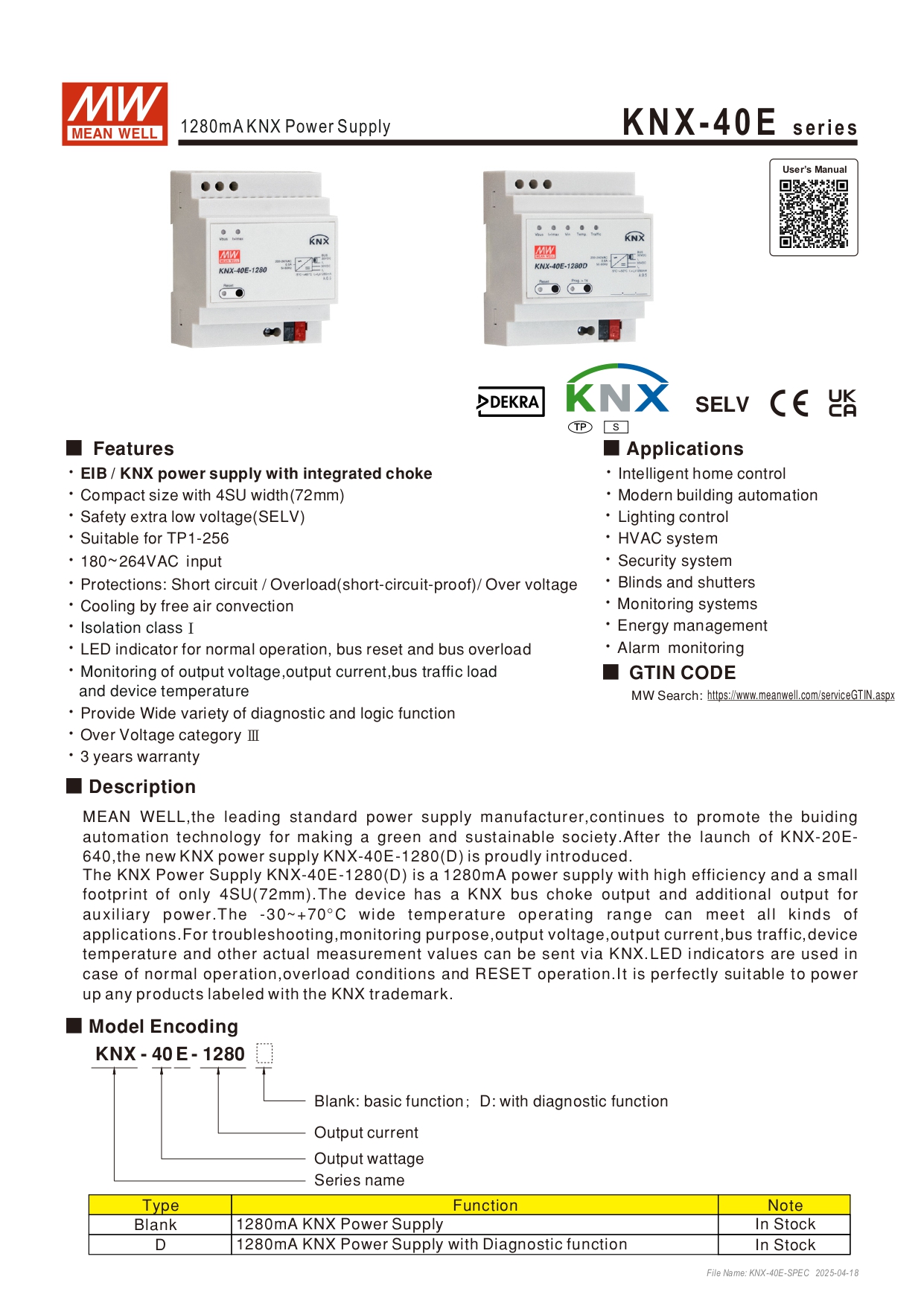 สวิทช์ชิ่งพาวเวอร์ซัพพลาย Meanwell KNX-40E-1280 POWER SUPPLY 40W 30V 1.28A