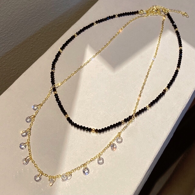 สร้อยคอ 2 ชั้น choker เพชรดำ & สร้อยสีทองร้อยจี้เพชร 12 เม็ด งานสวย น่ารัก เก๋หวานขนาดสร้อย 32 และ 38 cm สายต่อ 8 cm สินค้าคุณภาพค่ะ